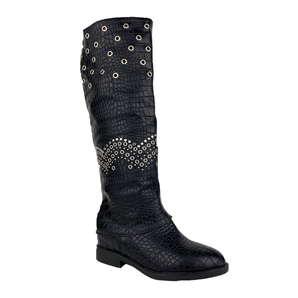 Bota de Mujer con Estampado de Cocodrilo, Tachuelas y Cierre de Cremallera
