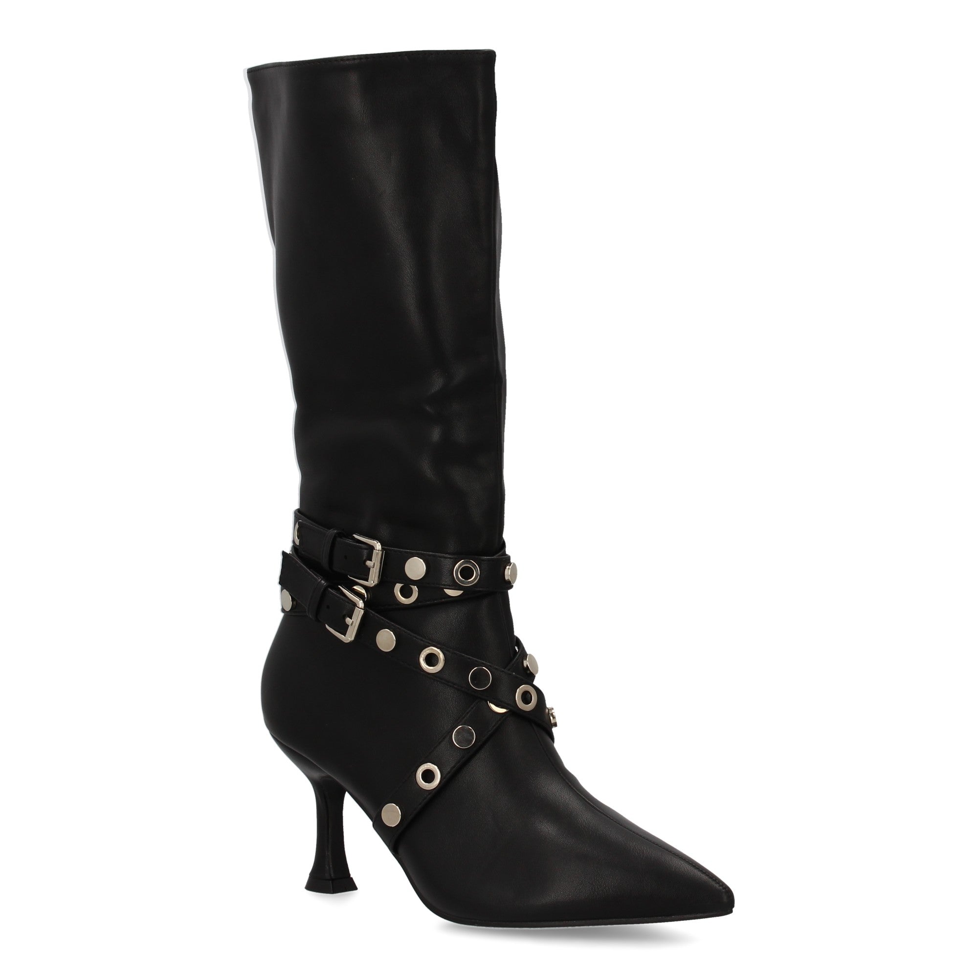 Bota negra con tacón fino detalle tachuelas