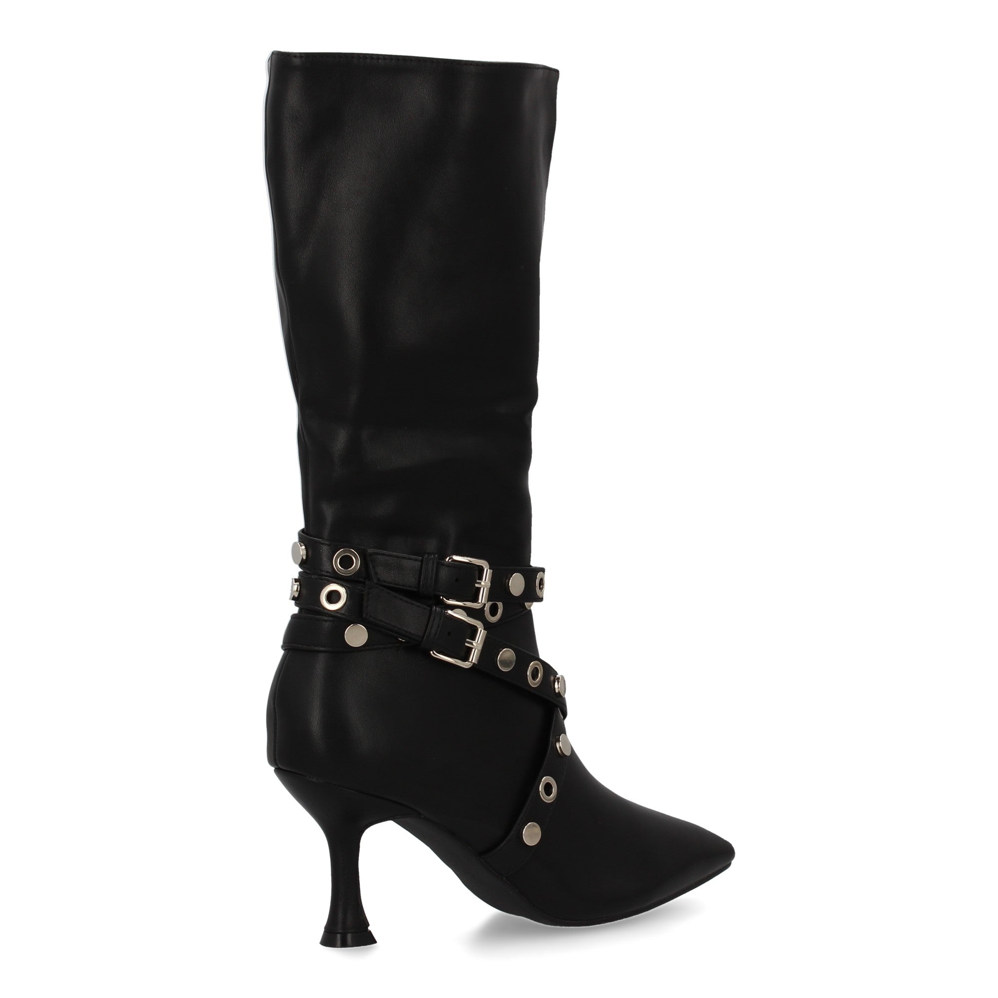 Bota negra con tacón fino detalle tachuelas