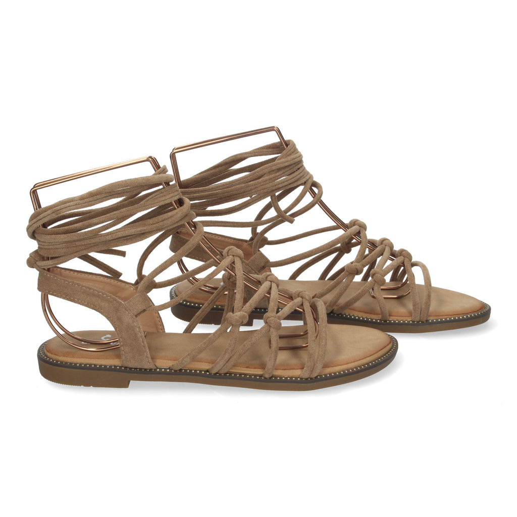 Sandalias Planas de Mujer, Cómodas con Diseño Trenzado y Cordones Ajustables al Tobillo