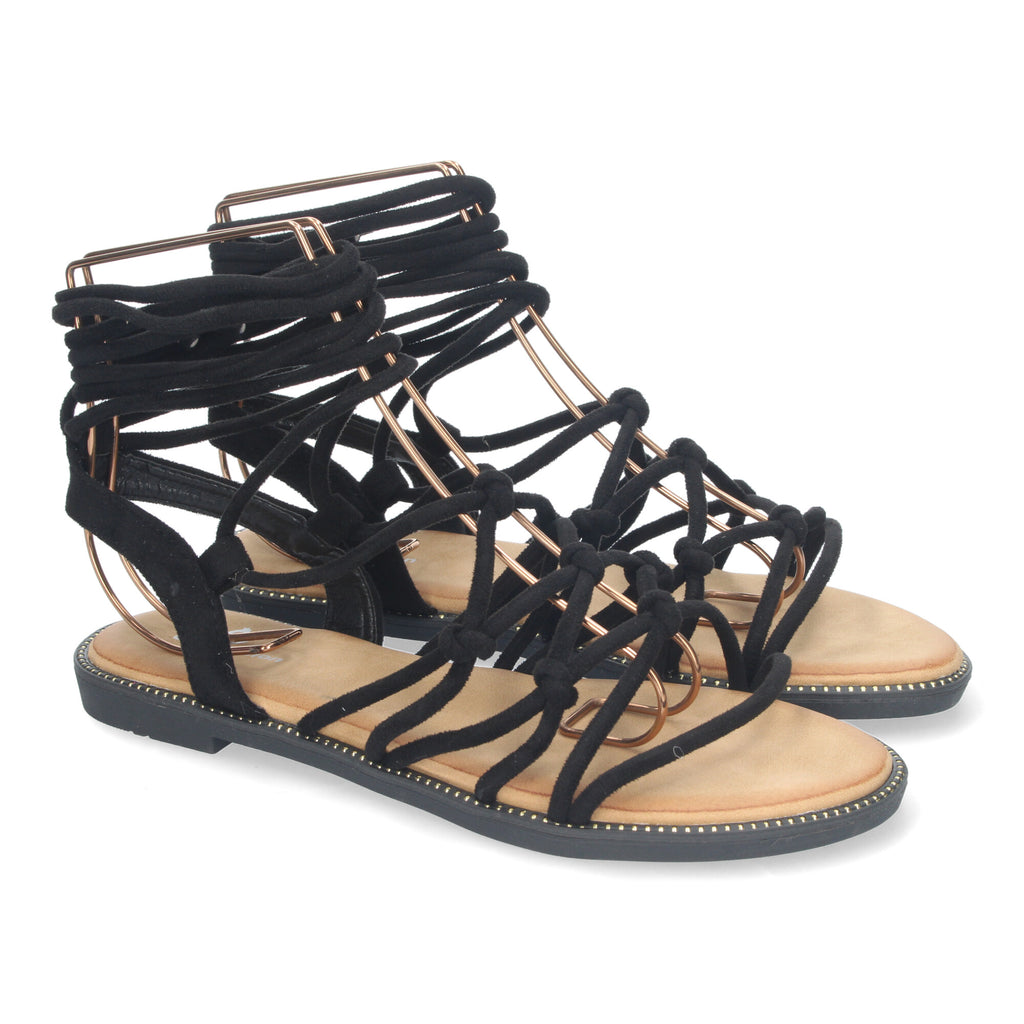 Sandalias Planas de Mujer, Cómodas con Diseño Trenzado y Cordones Ajustables al Tobillo