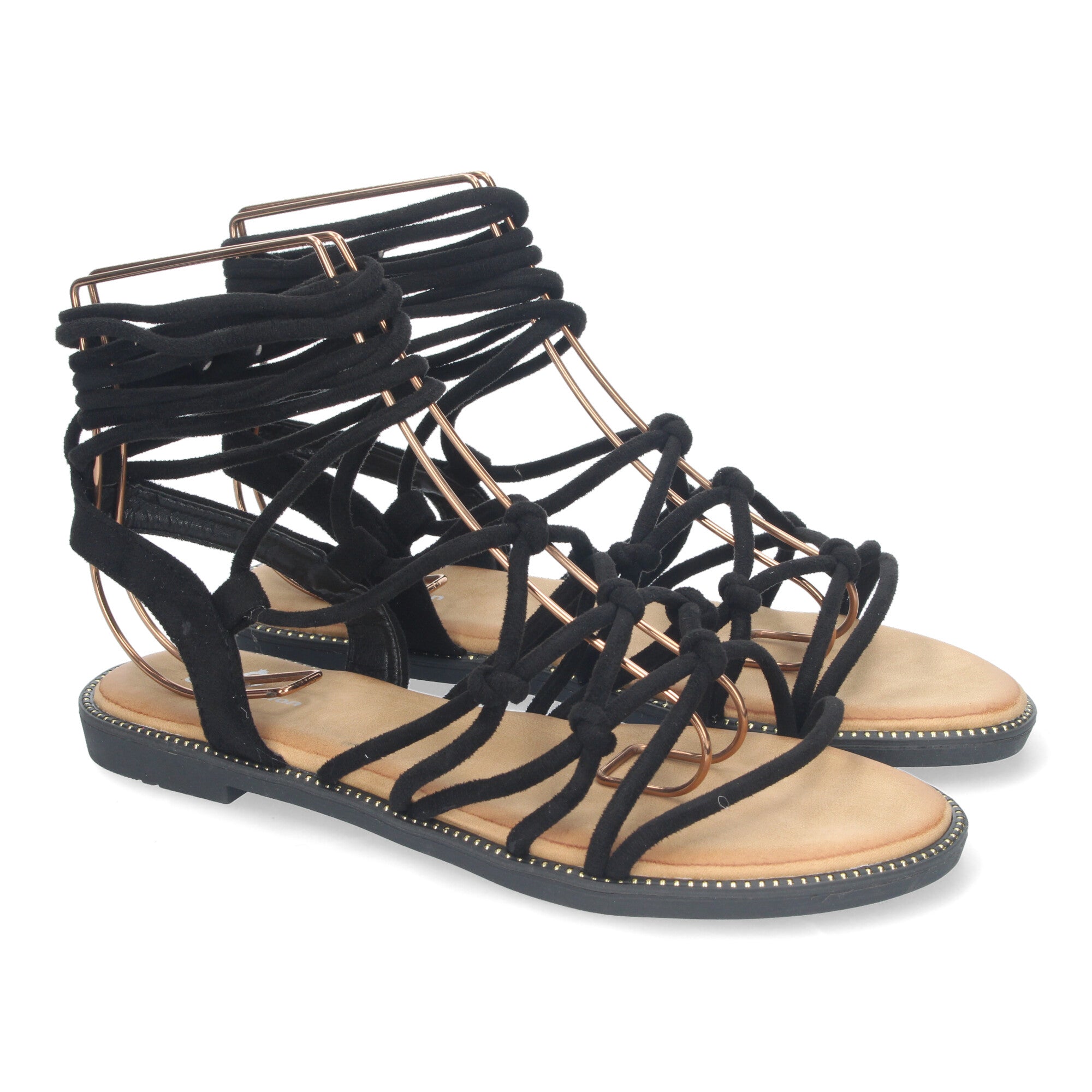 Sandalias Planas de Mujer, Cómodas con Diseño Trenzado y Cordones Ajustables al Tobillo