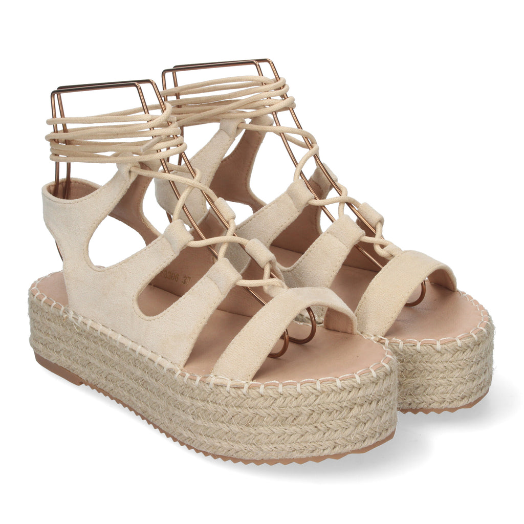 Sandalia de Mujer con Plataforma de Yute, Cómoda y Elegante con Tiras Cruzadas, Cordones y Talón Abierto