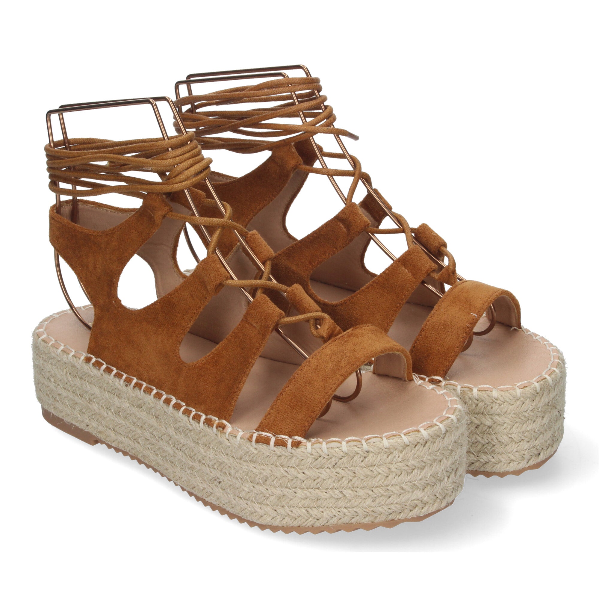Sandalia de Mujer con Plataforma de Yute, Cómoda y Elegante con Tiras Cruzadas, Cordones y Talón Abierto