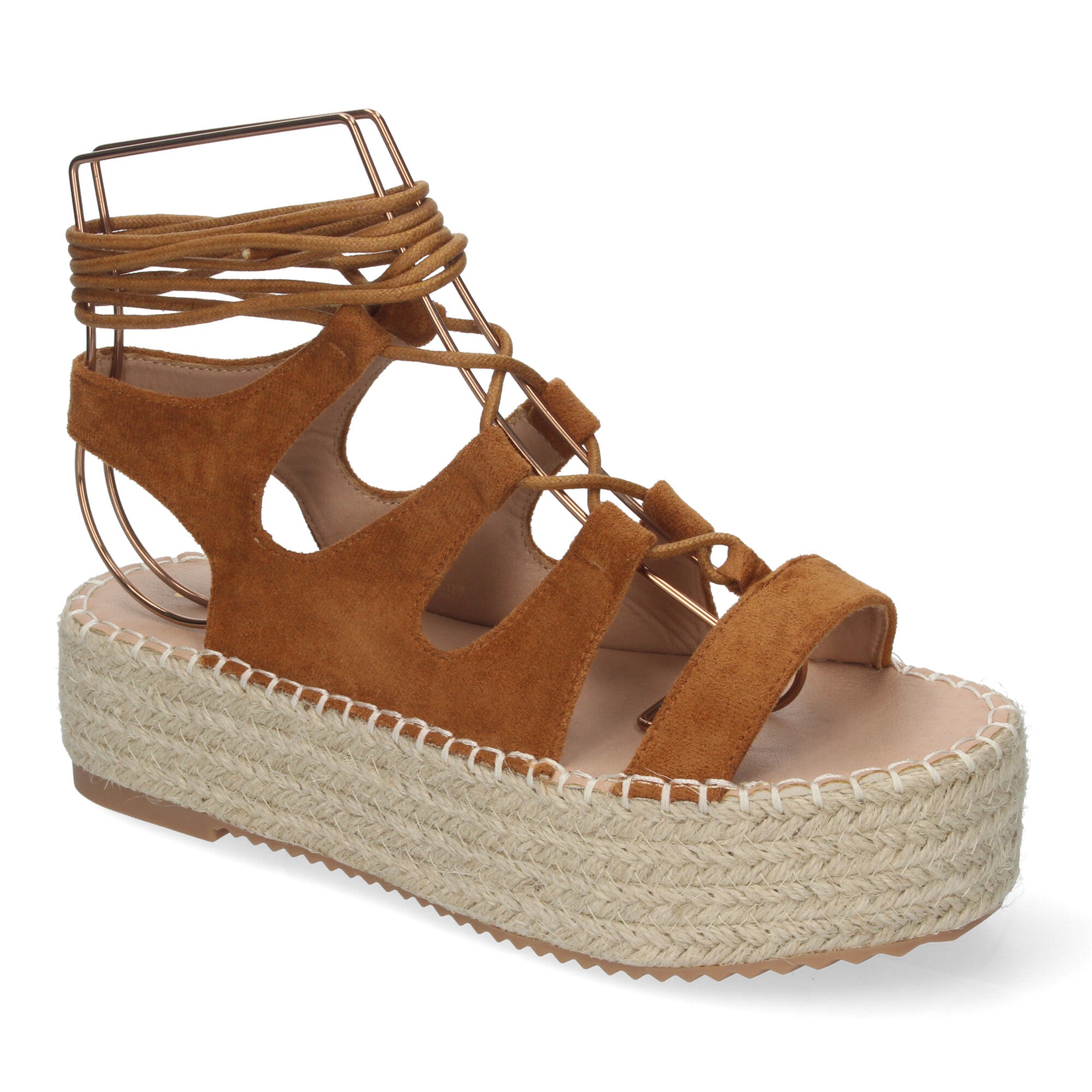 Sandalia de Mujer con Plataforma de Yute, Cómoda y Elegante con Tiras Cruzadas, Cordones y Talón Abierto