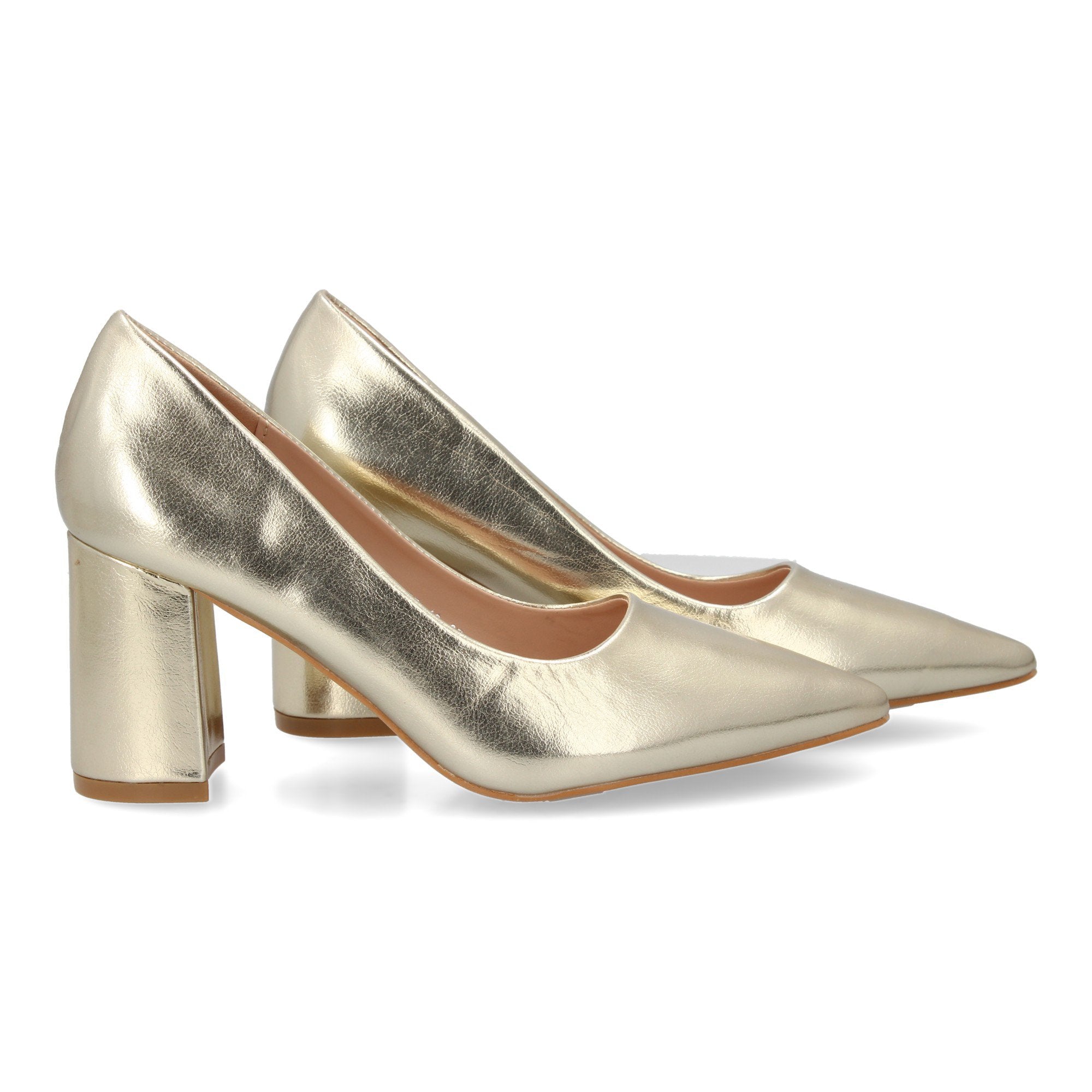 Zapato Dorado  de Salón con Tacón Ancho Para Mujer