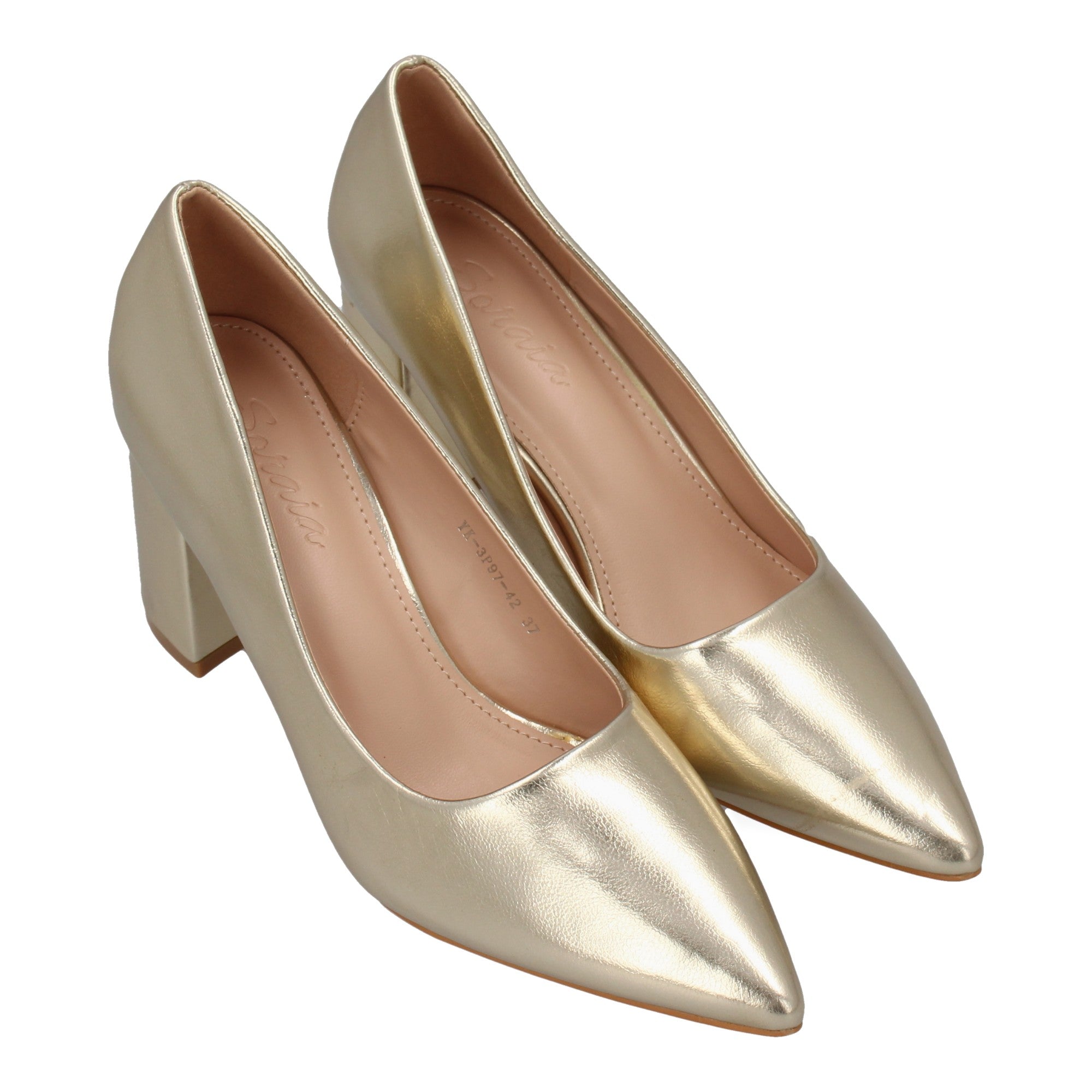 Zapato Dorado  de Salón con Tacón Ancho Para Mujer