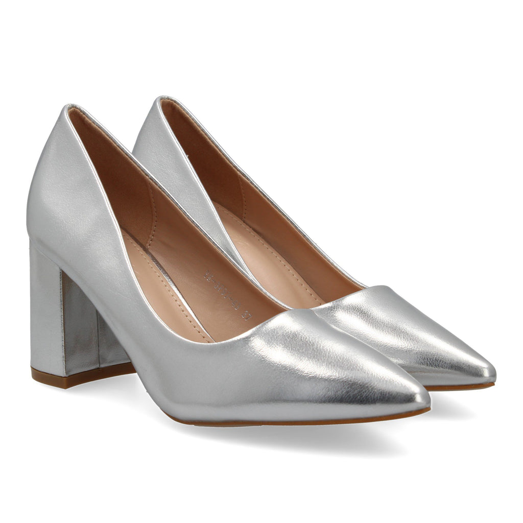 Zapato Plateado de Salón con Tacón Ancho Para Mujer