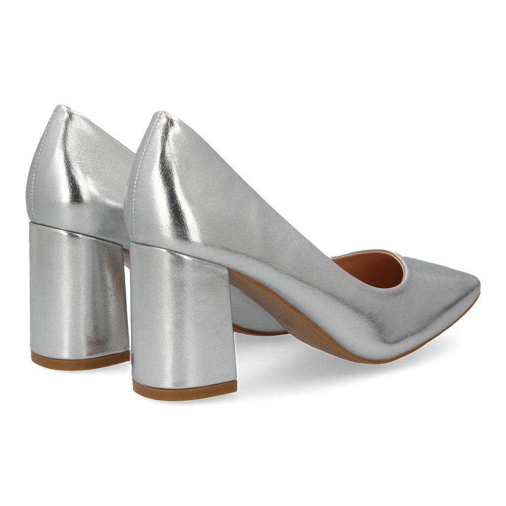 Zapato Plateado de Salón con Tacón Ancho Para Mujer