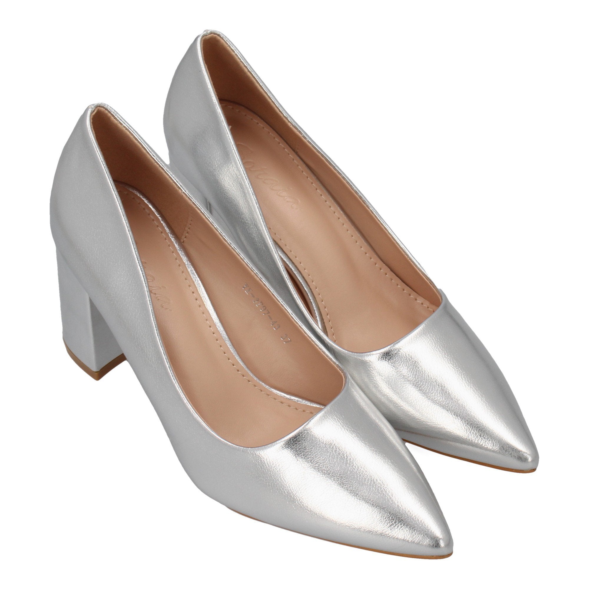 Zapato Plateado de Salón con Tacón Ancho Para Mujer