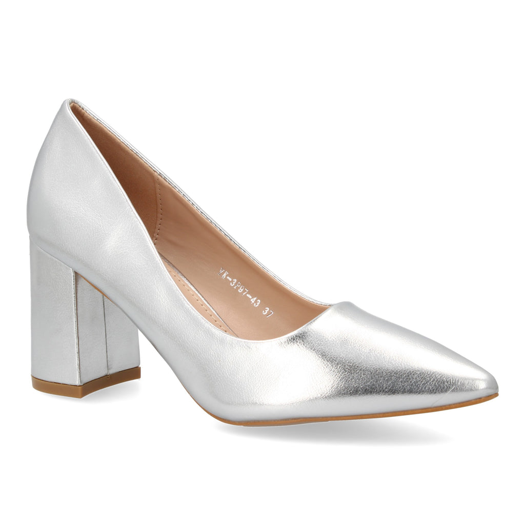 Zapato Plateado de Salón con Tacón Ancho Para Mujer