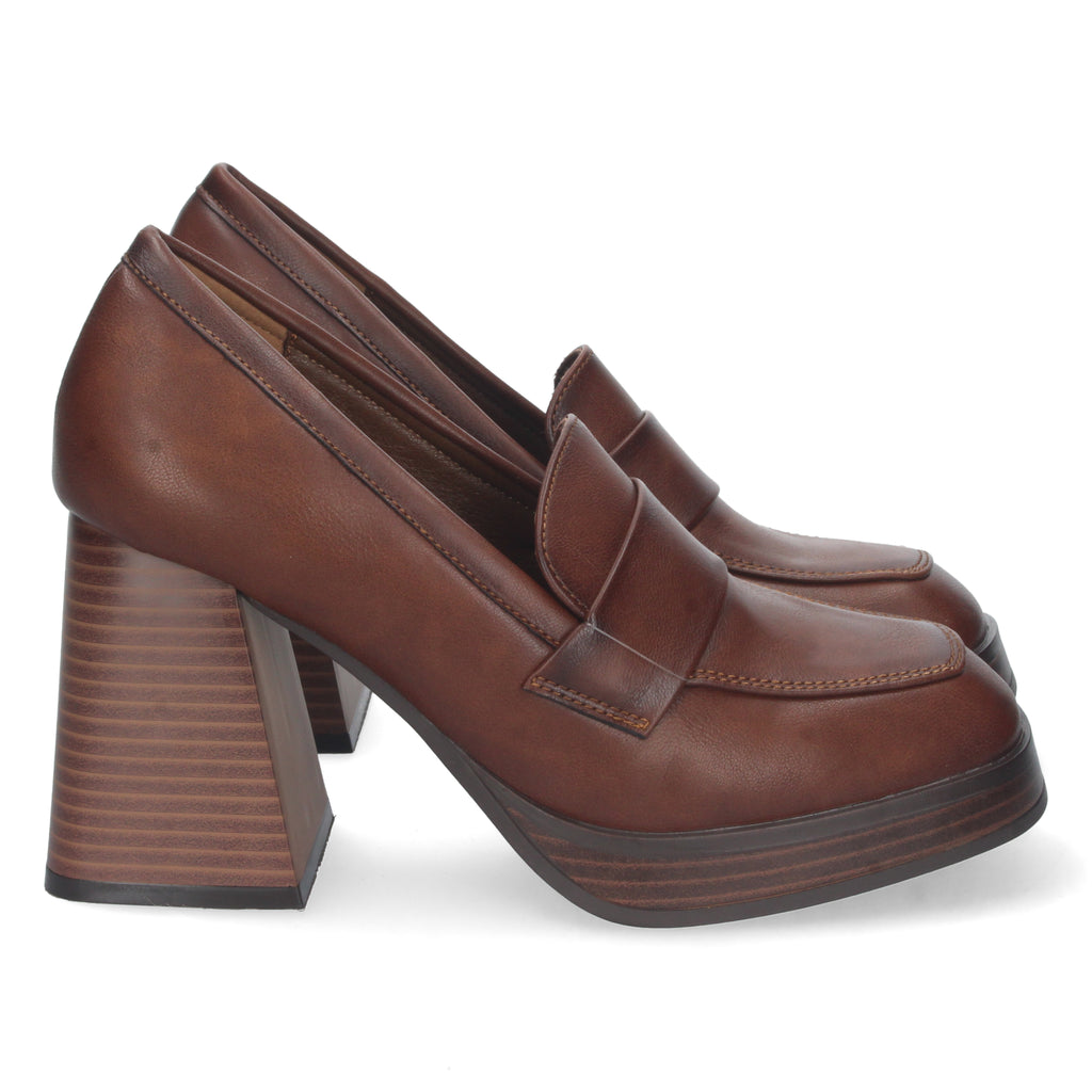 Zapato Cuero de Tacon Alto y Ancho con Mini Plataforma Para Mujer
