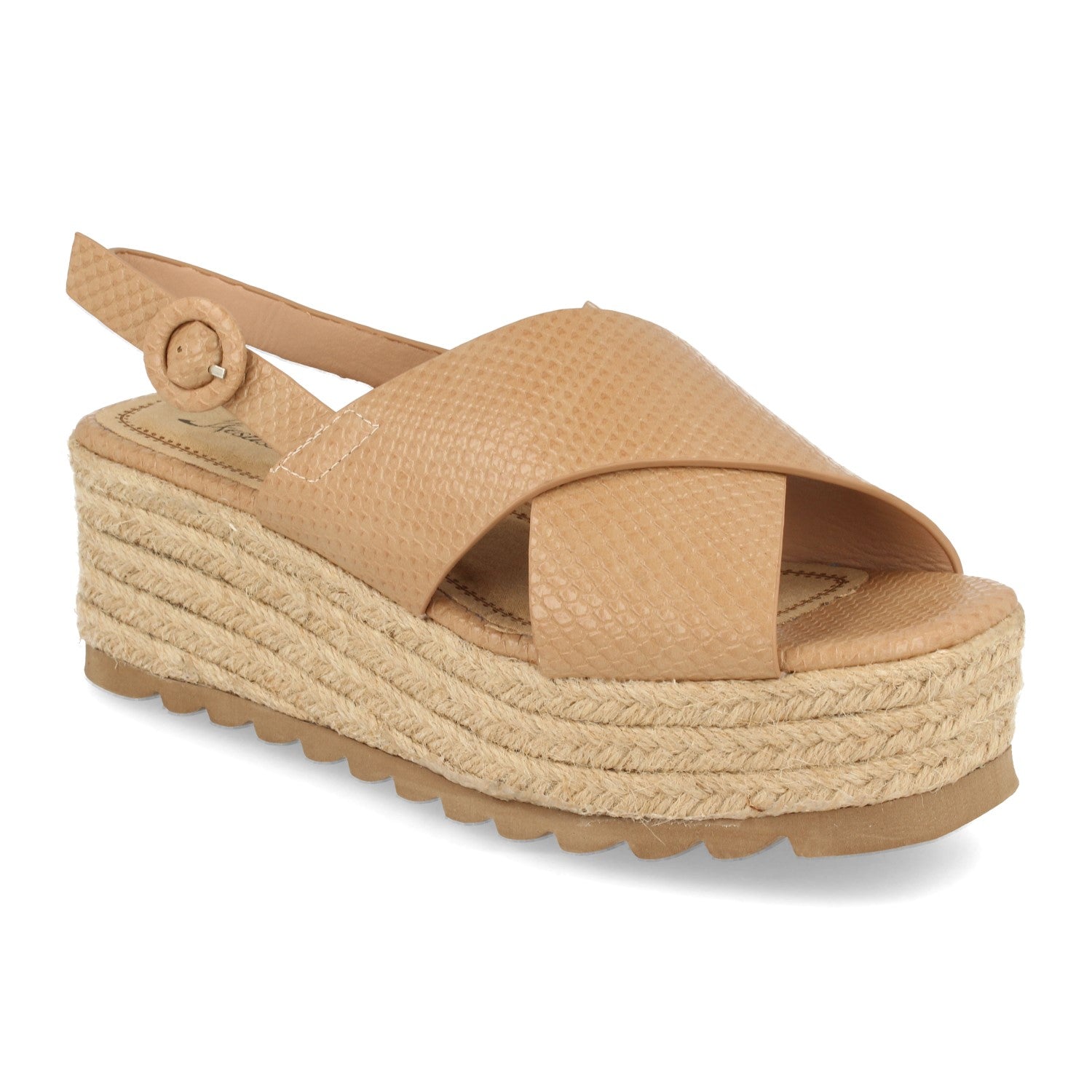 Sandalias de Mujer con Plataforma de Yute, Pala Cruzada con Grabado Cocodrilo y Cierre Ajustable con Hebilla