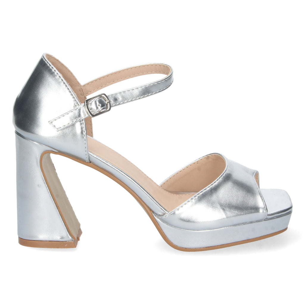 Sandalia Plateada De Tacon Bajo Para Mujer