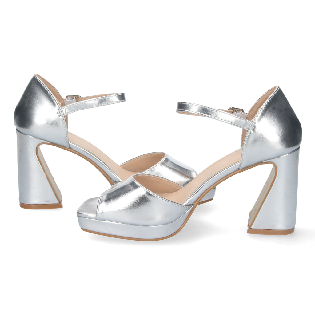 Sandalia Plateada De Tacon Bajo Para Mujer