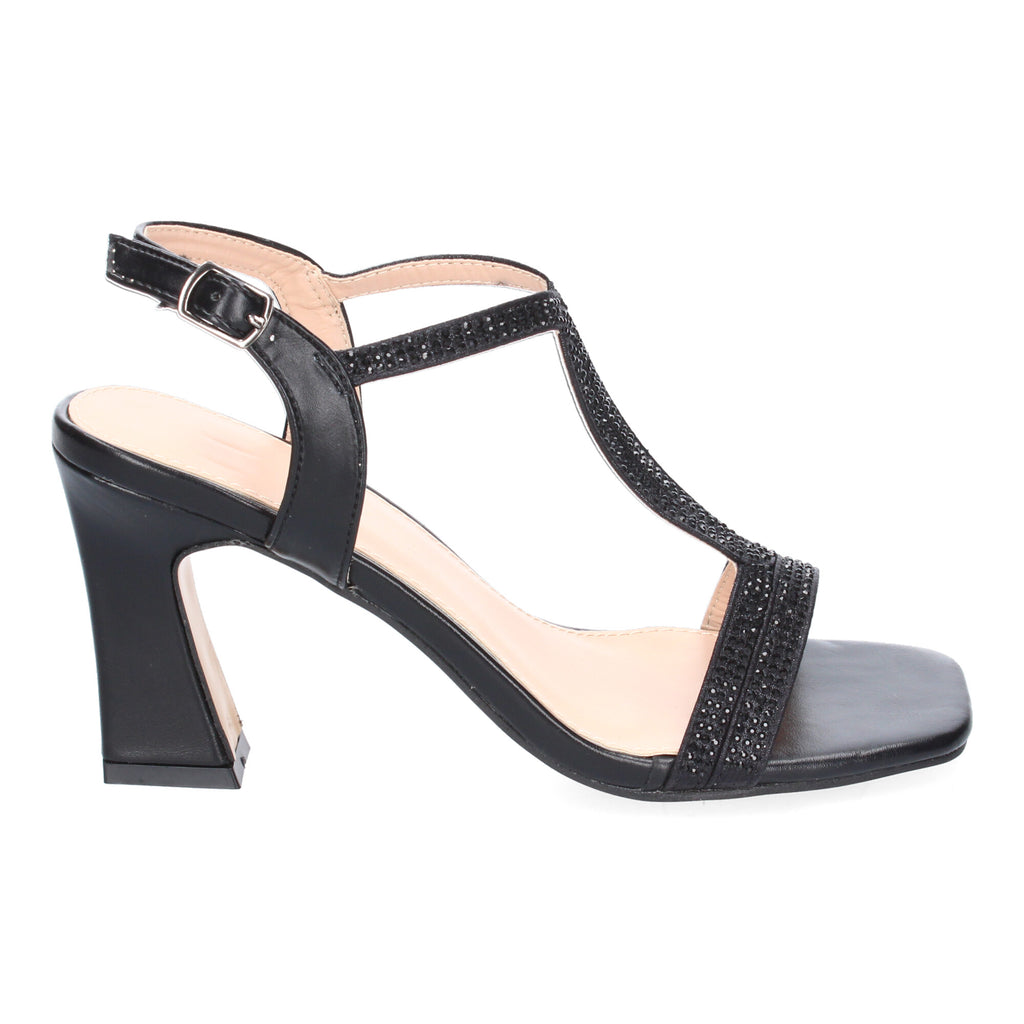 Sandalias de Tacón para Mujer con Tiras Elegantes, Adornos Brillantes, Puntera Abierta y Cierre de Hebilla