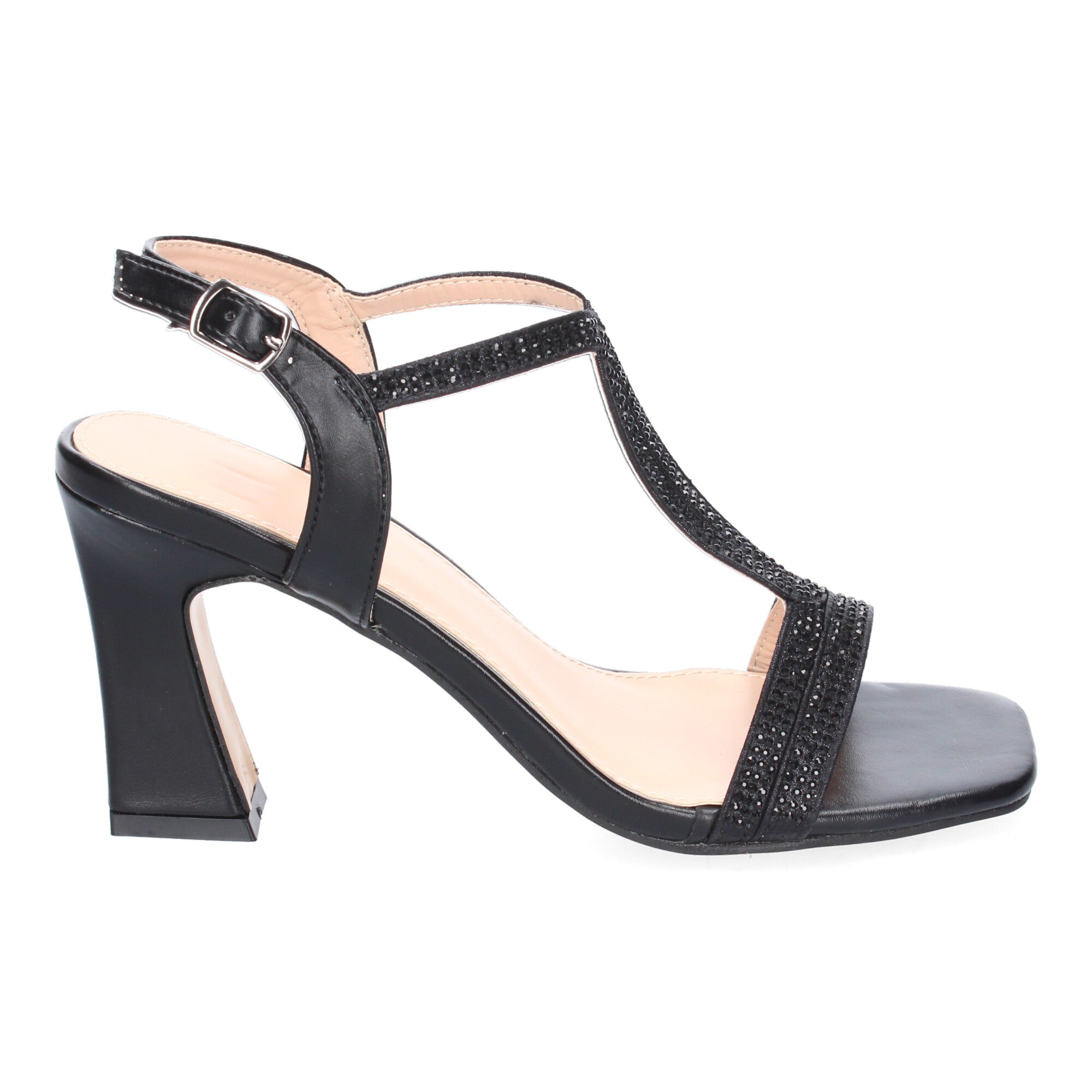 Sandalias de Tacón para Mujer con Tiras Elegantes, Adornos Brillantes, Puntera Abierta y Cierre de Hebilla