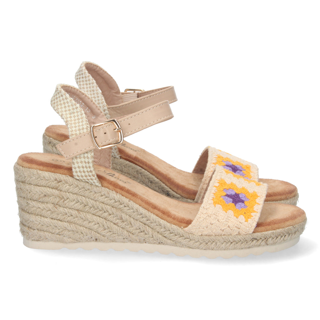 Sandalia de Cuña para Mujer, Cómoda, Forrada de Yute con Palas Cruzadas Bordadas y Hebilla