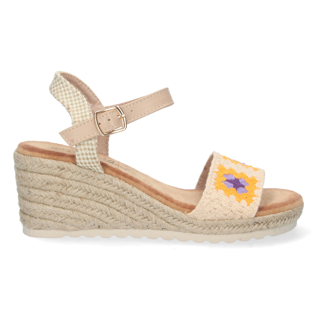 Sandalia de Cuña para Mujer, Cómoda, Forrada de Yute con Palas Cruzadas Bordadas y Hebilla