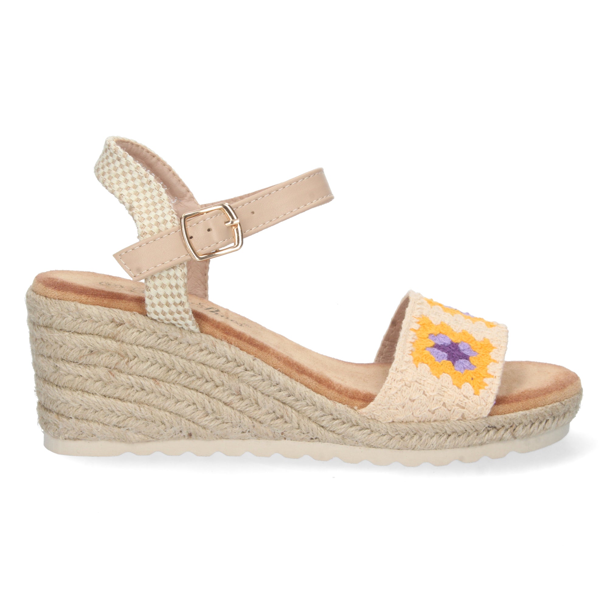 Sandalia de Cuña para Mujer, Cómoda, Forrada de Yute con Palas Cruzadas Bordadas y Hebilla