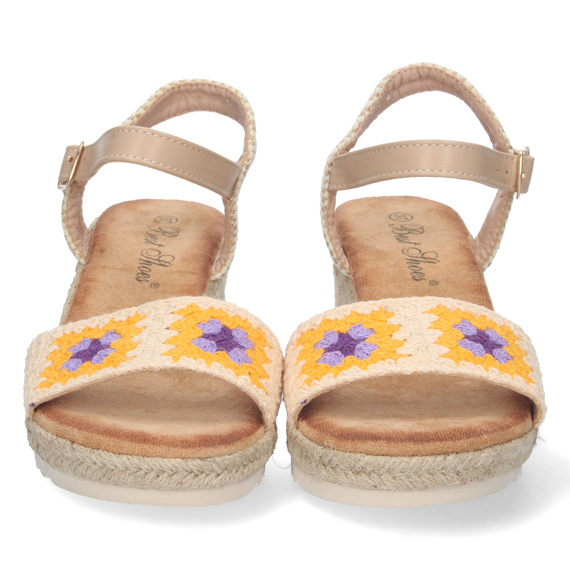 Sandalia de Cuña para Mujer, Cómoda, Forrada de Yute con Palas Cruzadas Bordadas y Hebilla