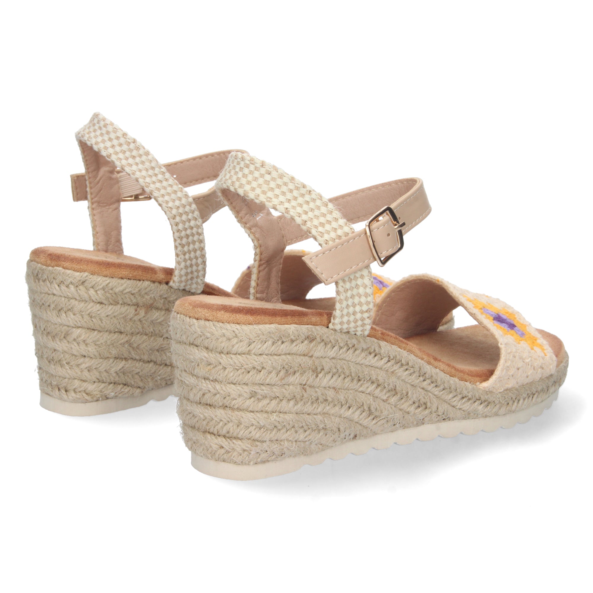 Sandalia de Cuña para Mujer, Cómoda, Forrada de Yute con Palas Cruzadas Bordadas y Hebilla