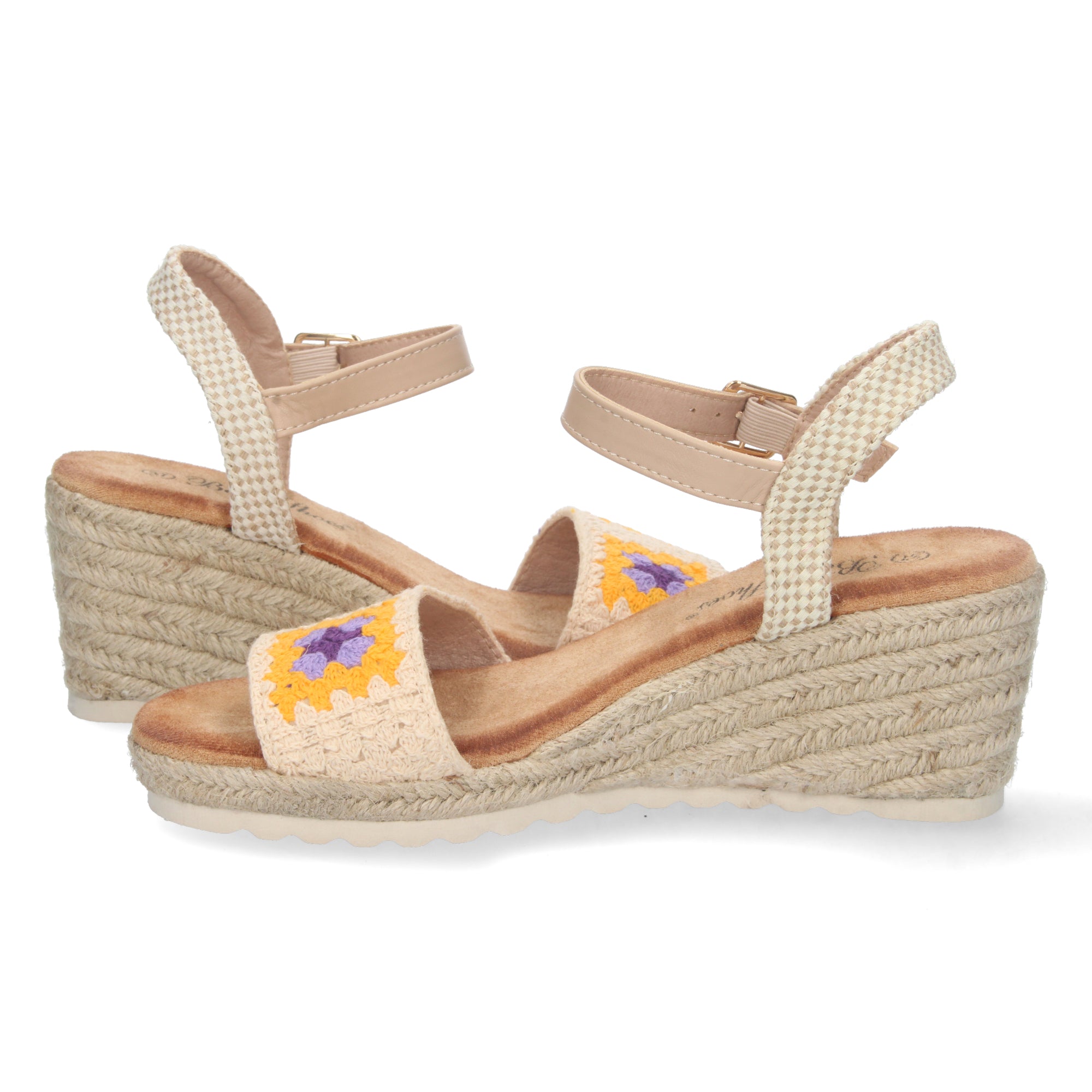 Sandalia de Cuña para Mujer, Cómoda, Forrada de Yute con Palas Cruzadas Bordadas y Hebilla