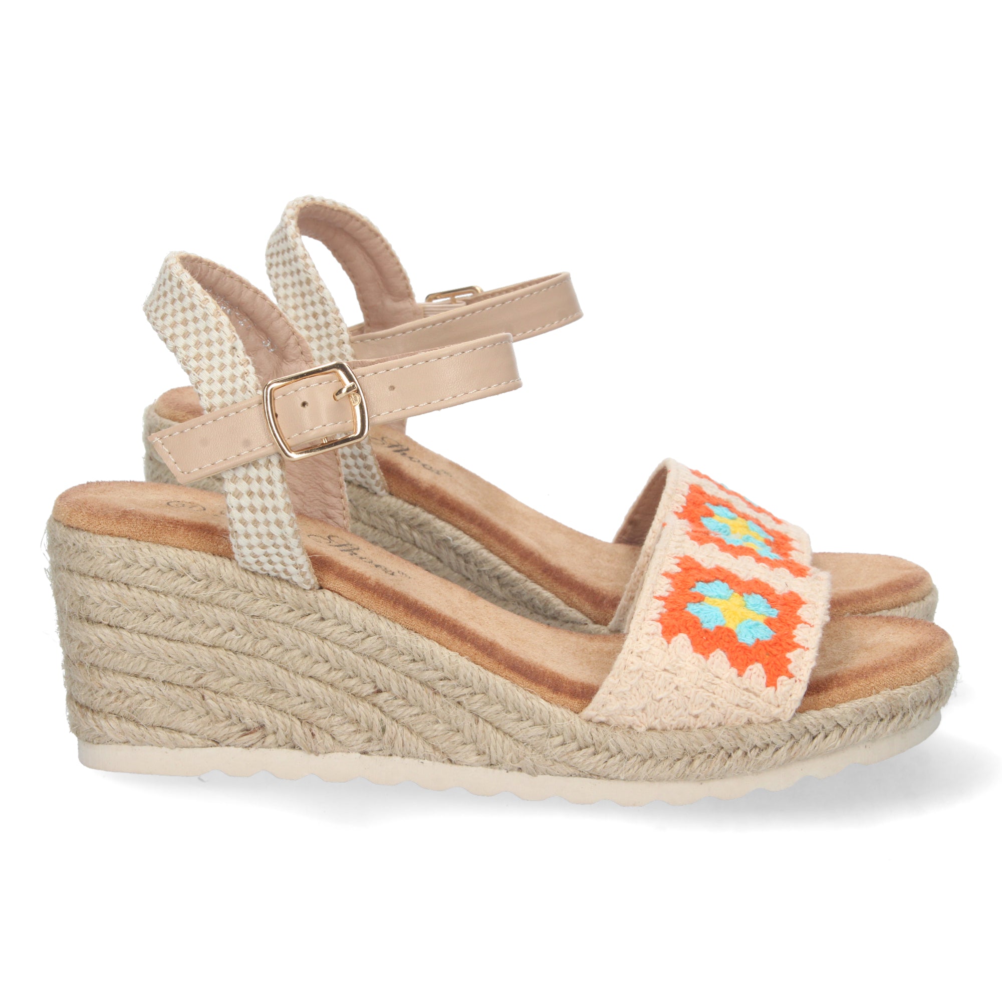 Sandalia de Cuña para Mujer, Cómoda, Forrada de Yute con Palas Cruzadas Bordadas y Hebilla