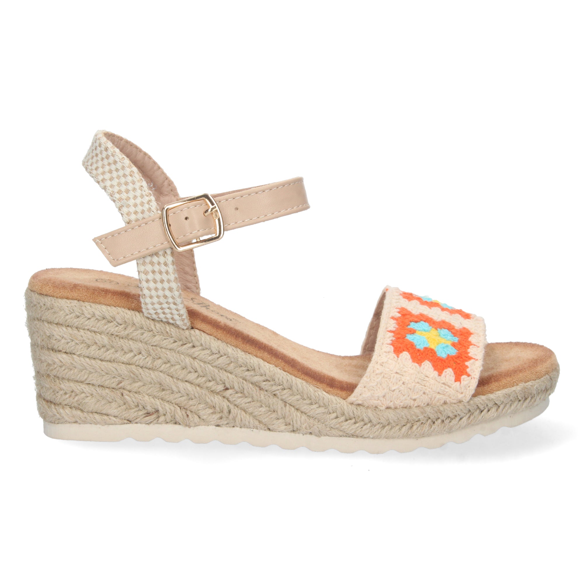 Sandalia de Cuña para Mujer, Cómoda, Forrada de Yute con Palas Cruzadas Bordadas y Hebilla