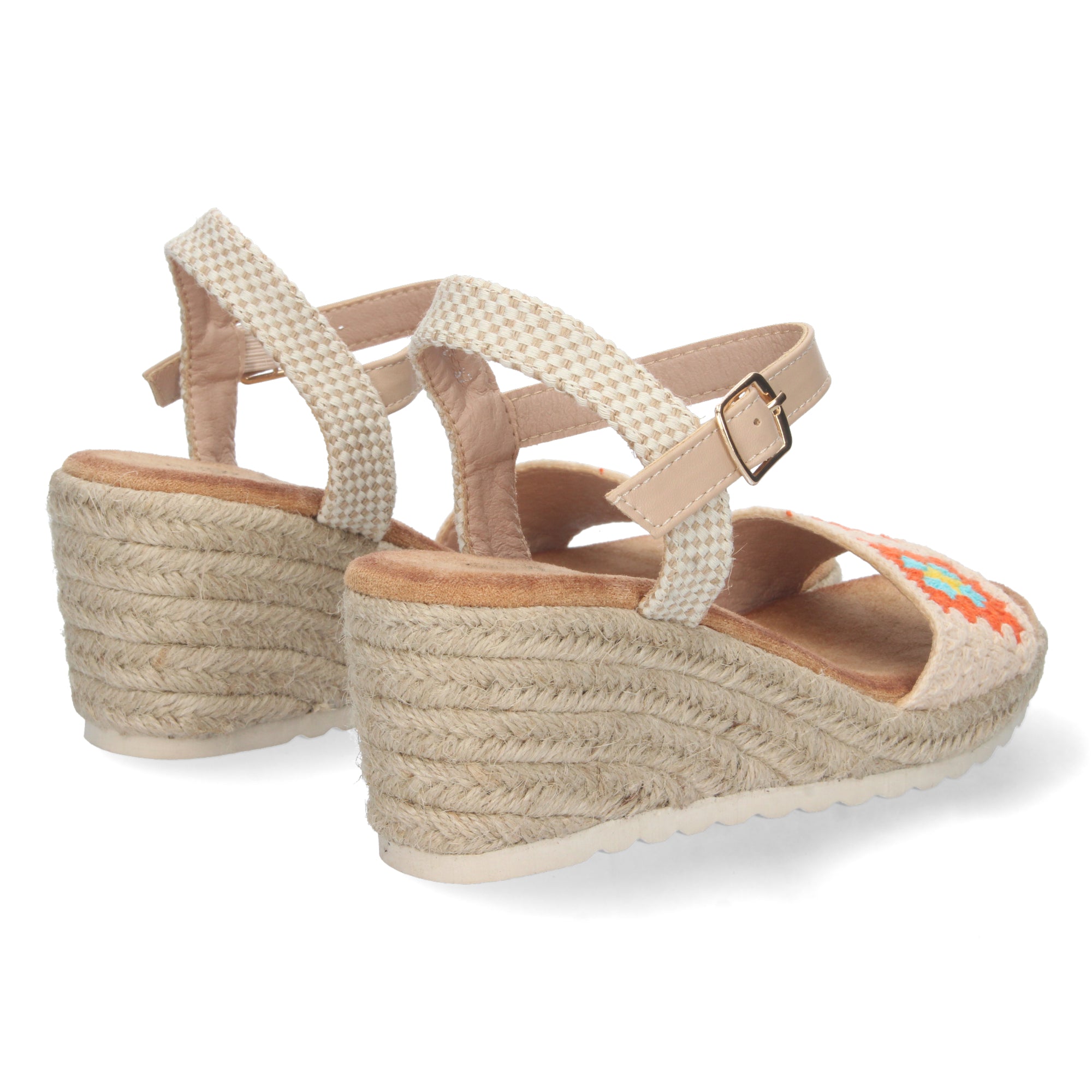 Sandalia de Cuña para Mujer, Cómoda, Forrada de Yute con Palas Cruzadas Bordadas y Hebilla