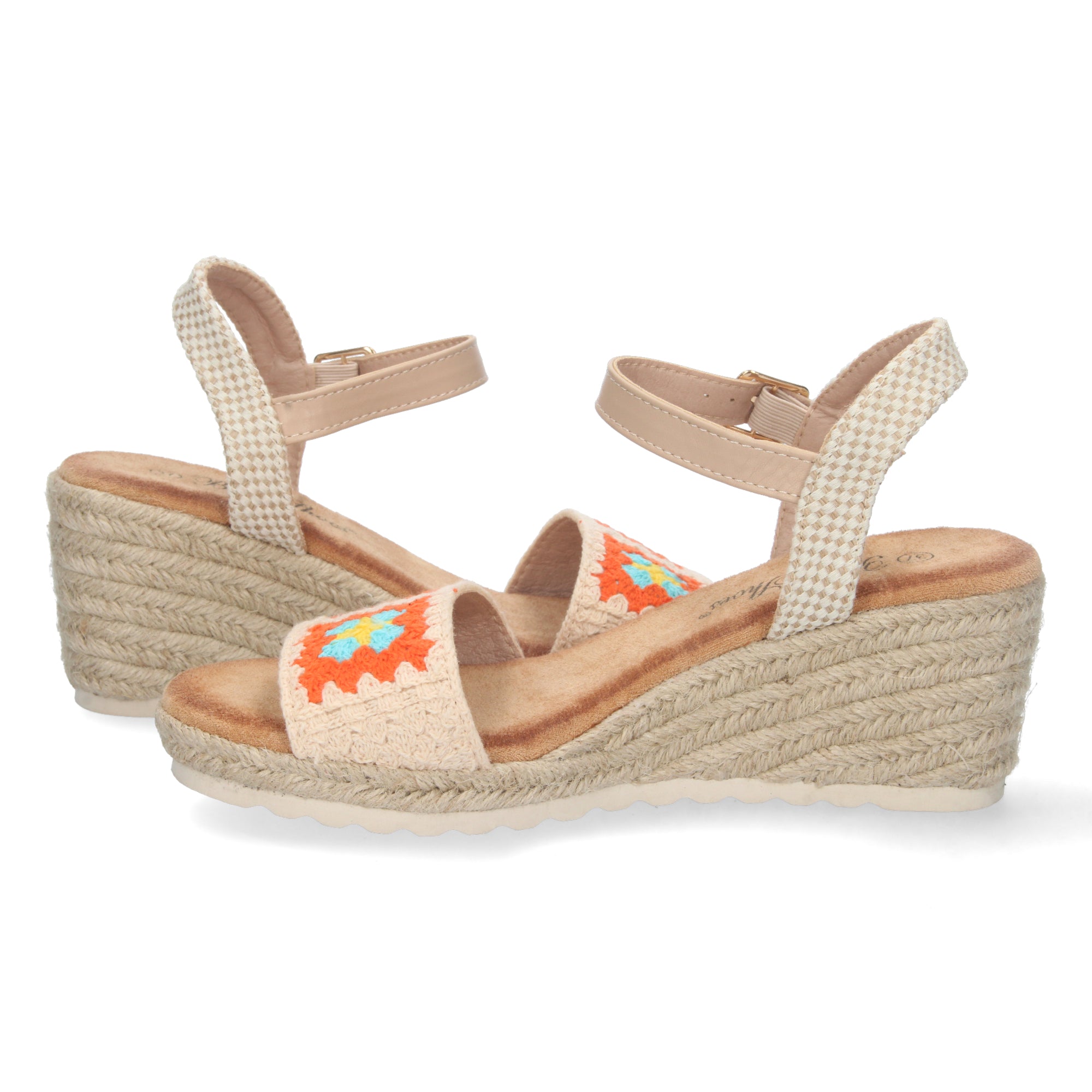 Sandalia de Cuña para Mujer, Cómoda, Forrada de Yute con Palas Cruzadas Bordadas y Hebilla