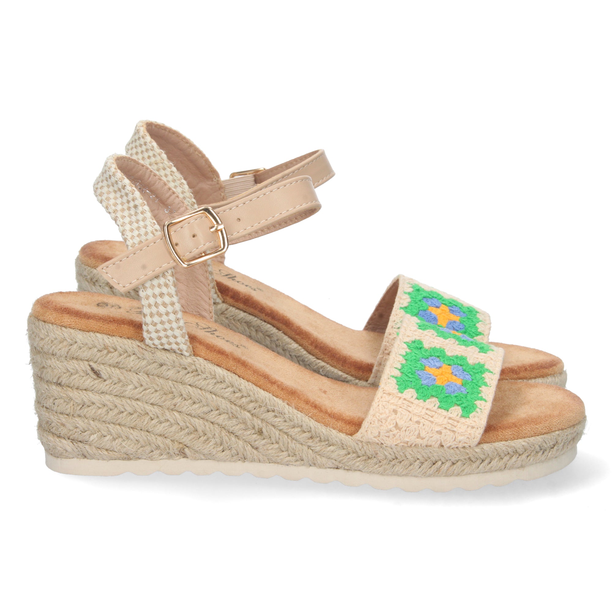Sandalia de Cuña para Mujer, Cómoda, Forrada de Yute con Palas Cruzadas Bordadas y Hebilla