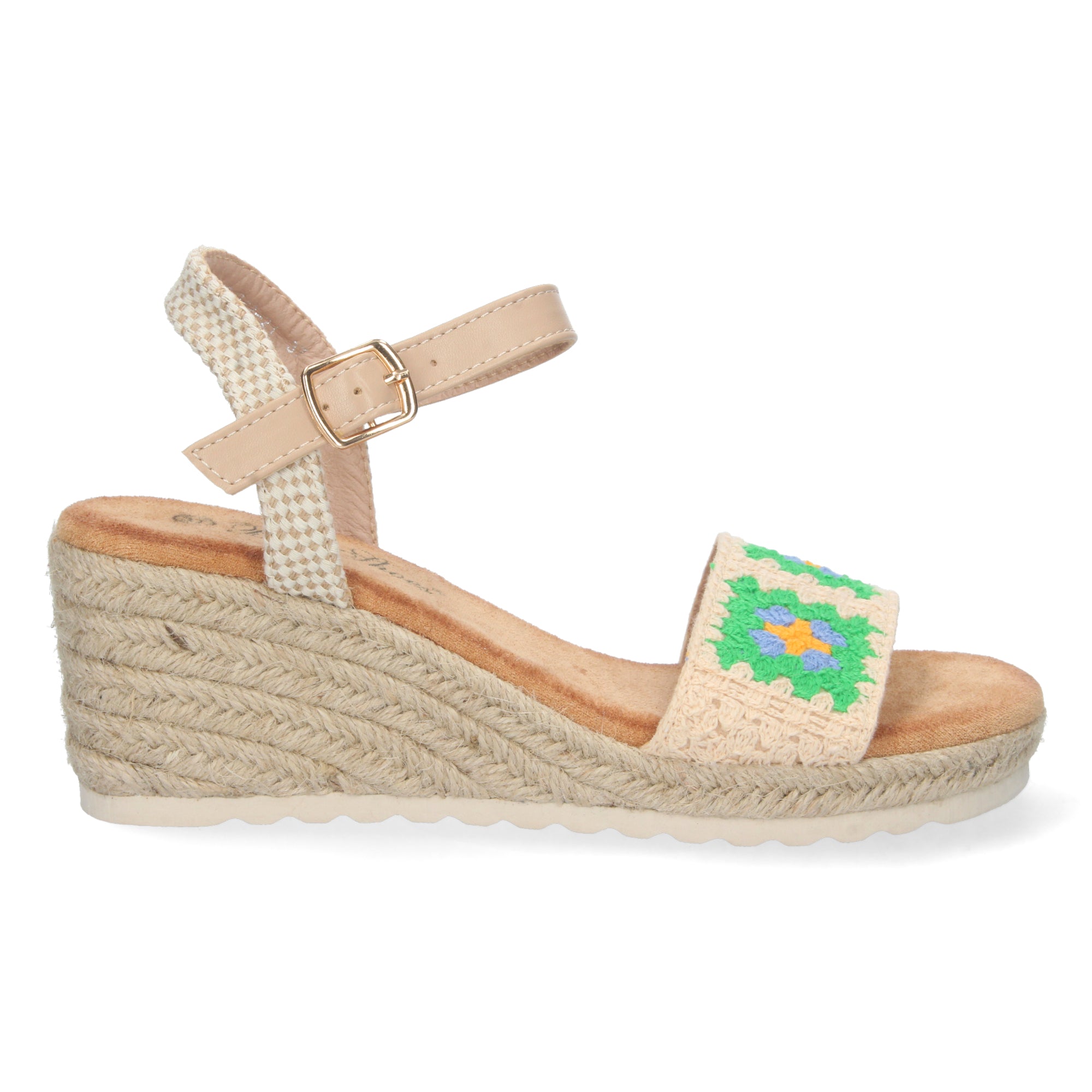 Sandalia de Cuña para Mujer, Cómoda, Forrada de Yute con Palas Cruzadas Bordadas y Hebilla