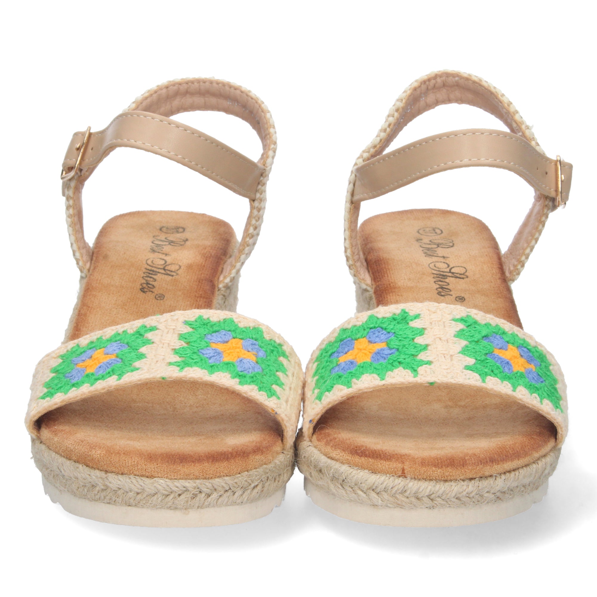 Sandalia de Cuña para Mujer, Cómoda, Forrada de Yute con Palas Cruzadas Bordadas y Hebilla