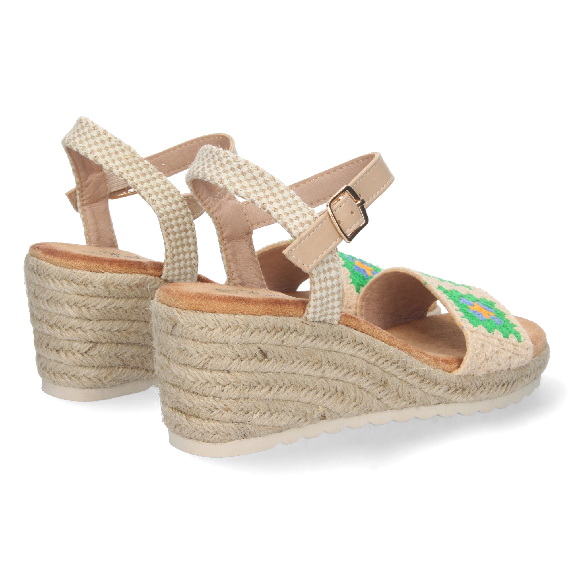 Sandalia de Cuña para Mujer, Cómoda, Forrada de Yute con Palas Cruzadas Bordadas y Hebilla