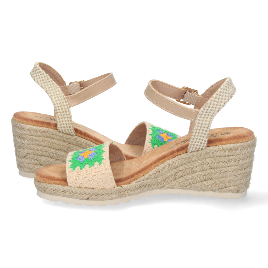 Sandalia de Cuña para Mujer, Cómoda, Forrada de Yute con Palas Cruzadas Bordadas y Hebilla