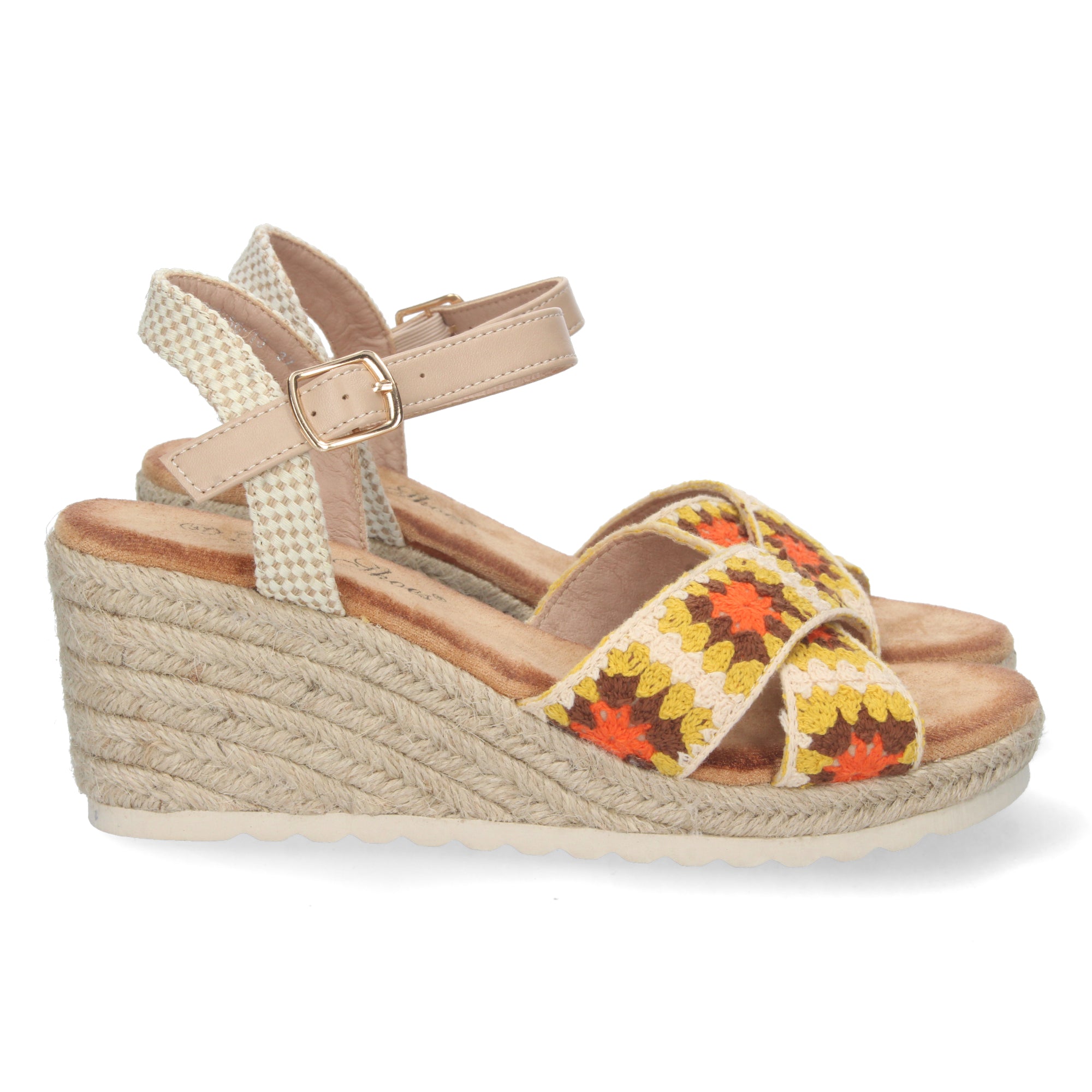 Sandalia de Cuña para Mujer, Cómoda, Forrada de Yute con Palas Cruzadas Bordadas y Hebilla