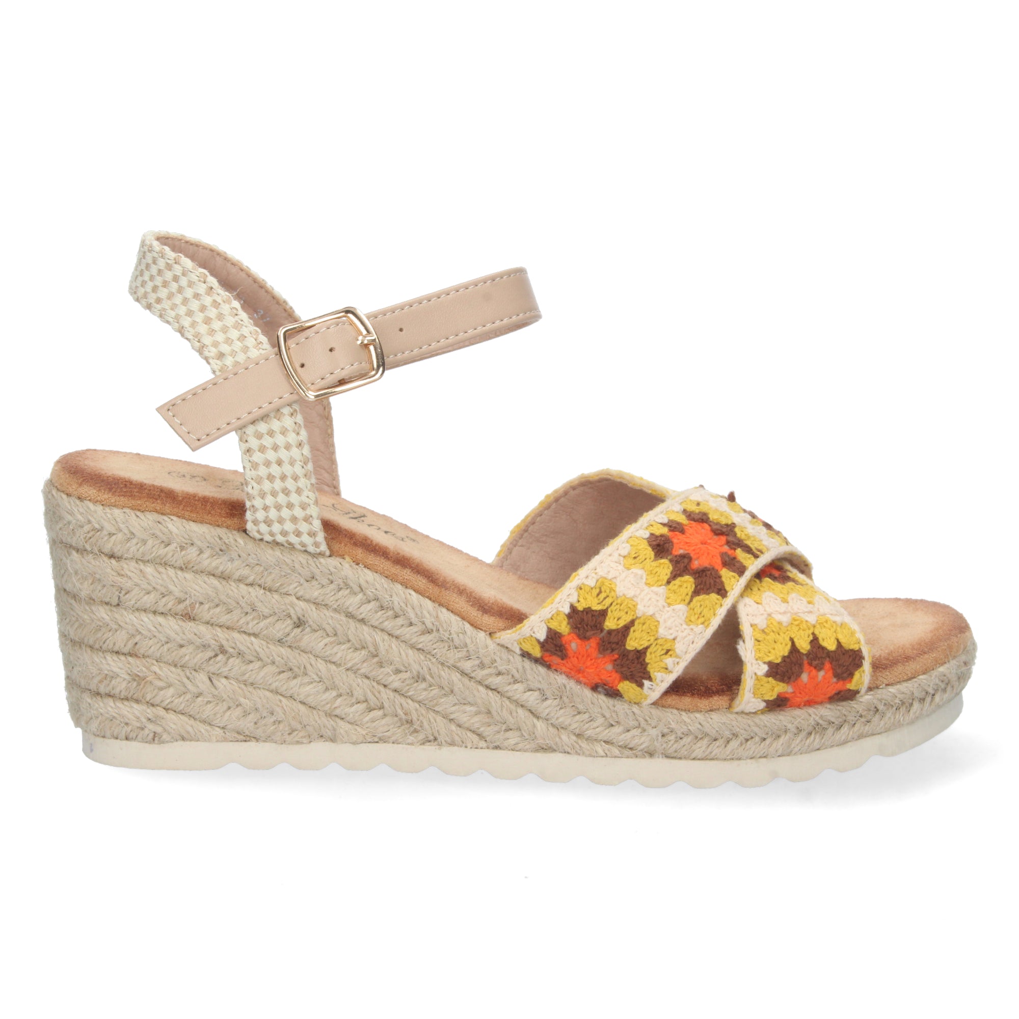 Sandalia de Cuña para Mujer, Cómoda, Forrada de Yute con Palas Cruzadas Bordadas y Hebilla