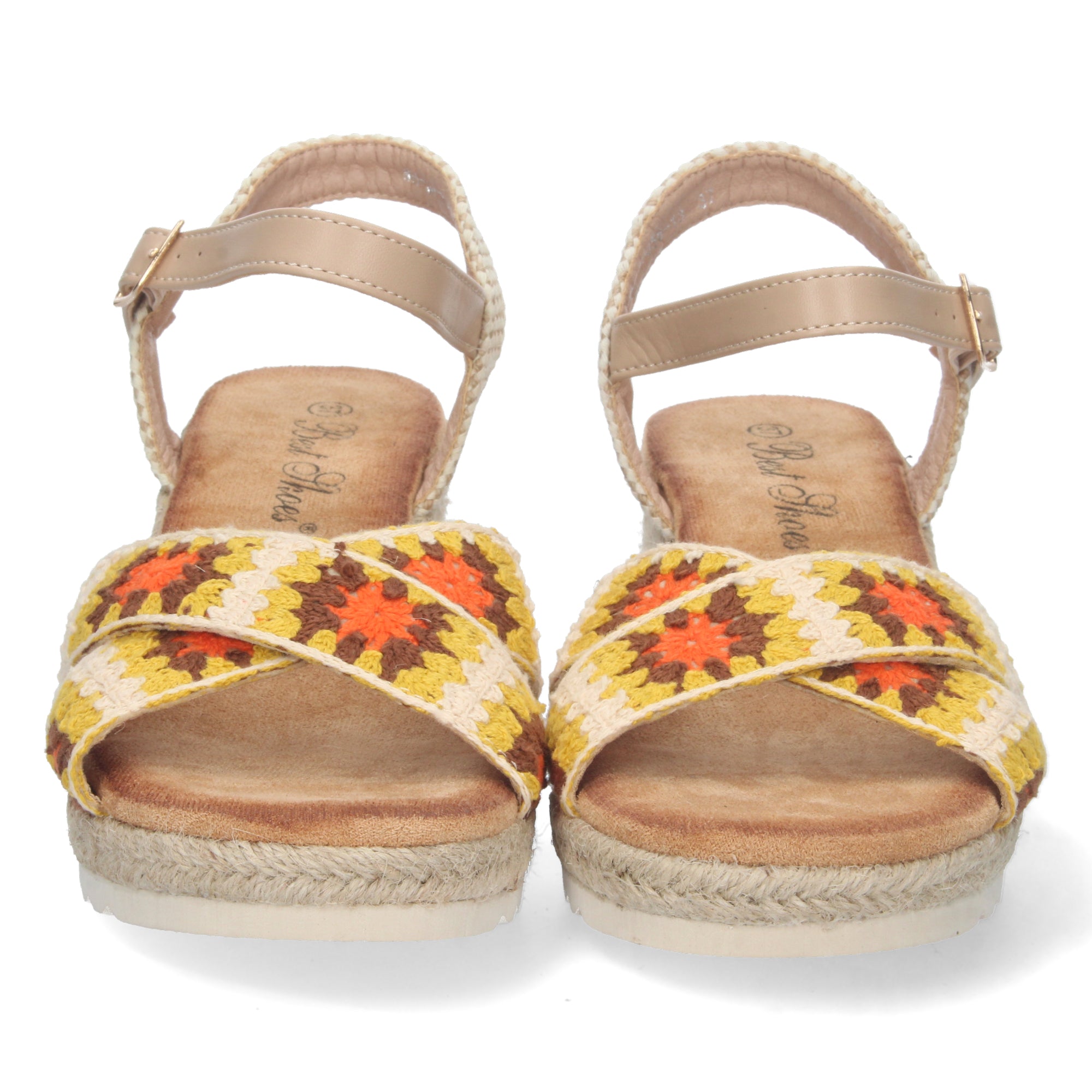 Sandalia de Cuña para Mujer, Cómoda, Forrada de Yute con Palas Cruzadas Bordadas y Hebilla