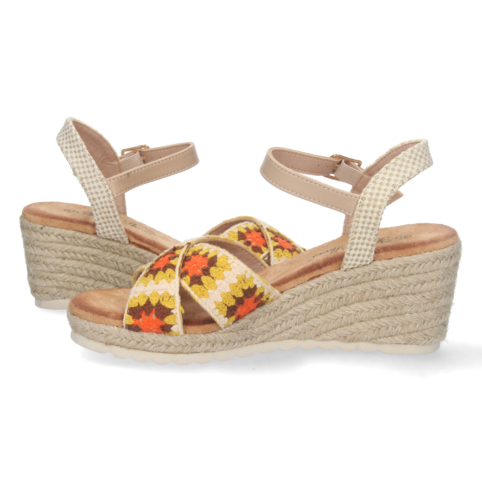 Sandalia de Cuña para Mujer, Cómoda, Forrada de Yute con Palas Cruzadas Bordadas y Hebilla