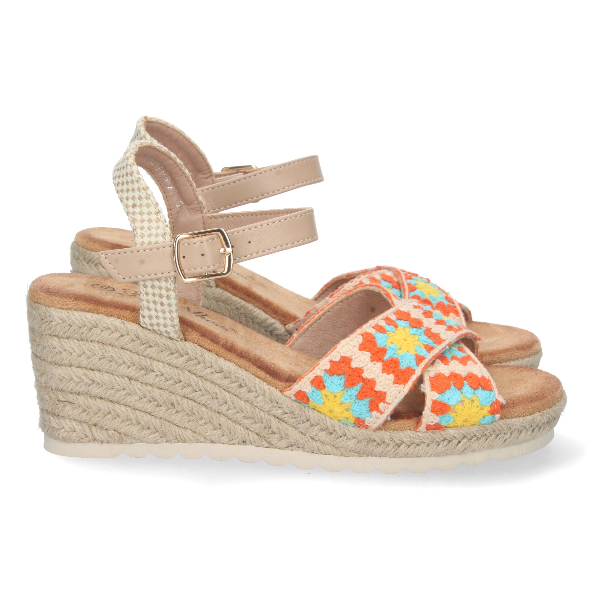 Sandalia de Cuña para Mujer, Cómoda, Forrada de Yute con Palas Cruzadas Bordadas y Hebilla