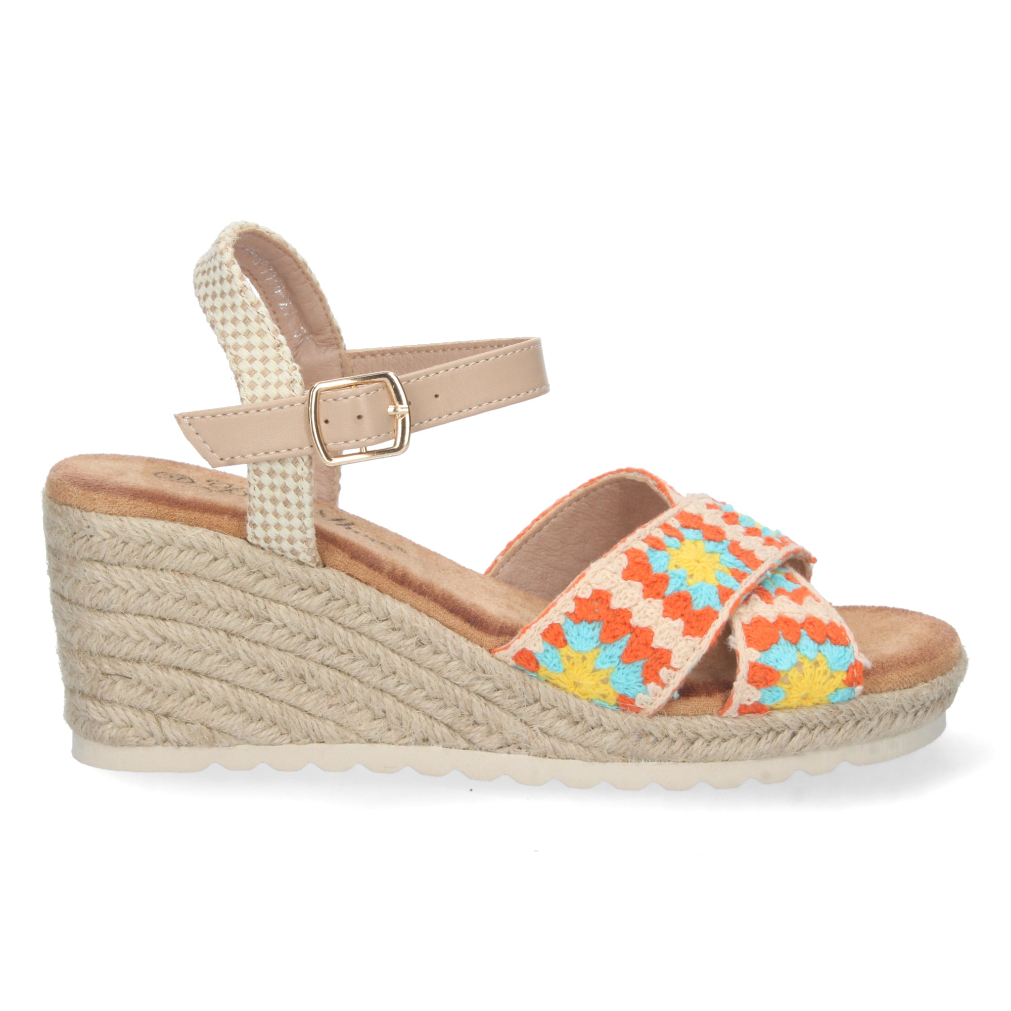 Sandalia de Cuña para Mujer, Cómoda, Forrada de Yute con Palas Cruzadas Bordadas y Hebilla