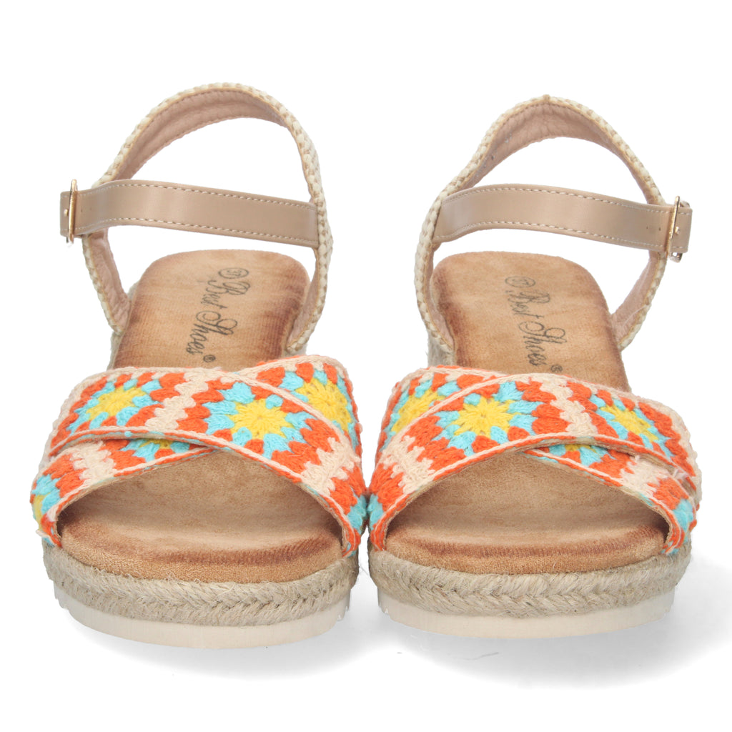 Sandalia de Cuña para Mujer, Cómoda, Forrada de Yute con Palas Cruzadas Bordadas y Hebilla