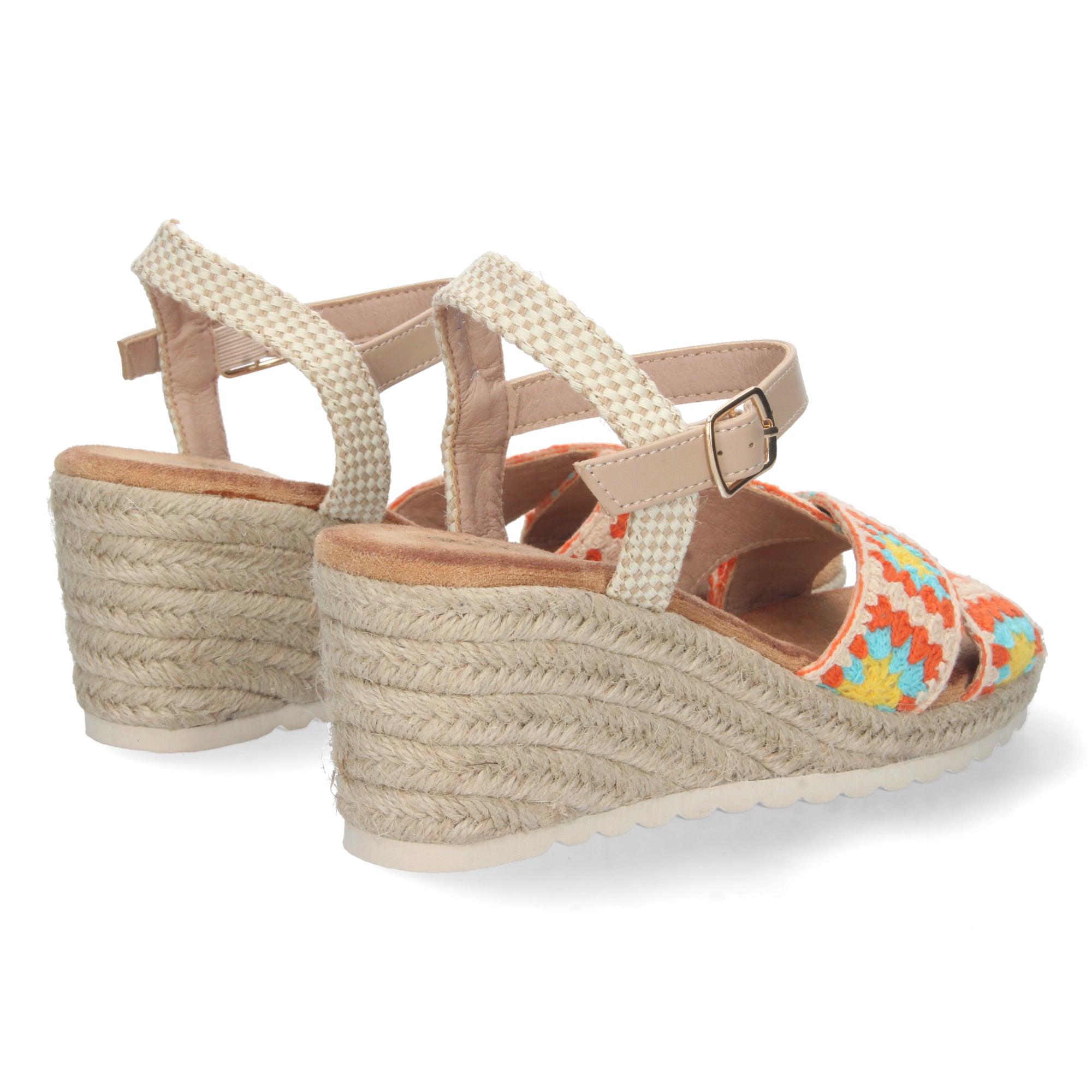 Sandalia de Cuña para Mujer, Cómoda, Forrada de Yute con Palas Cruzadas Bordadas y Hebilla