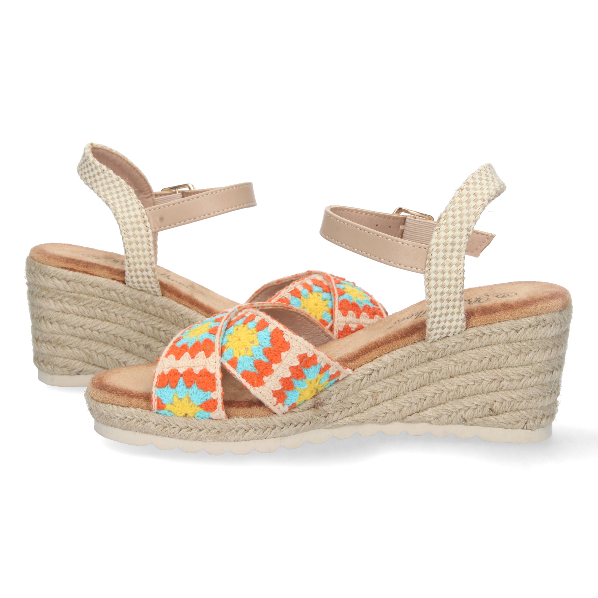 Sandalia de Cuña para Mujer, Cómoda, Forrada de Yute con Palas Cruzadas Bordadas y Hebilla