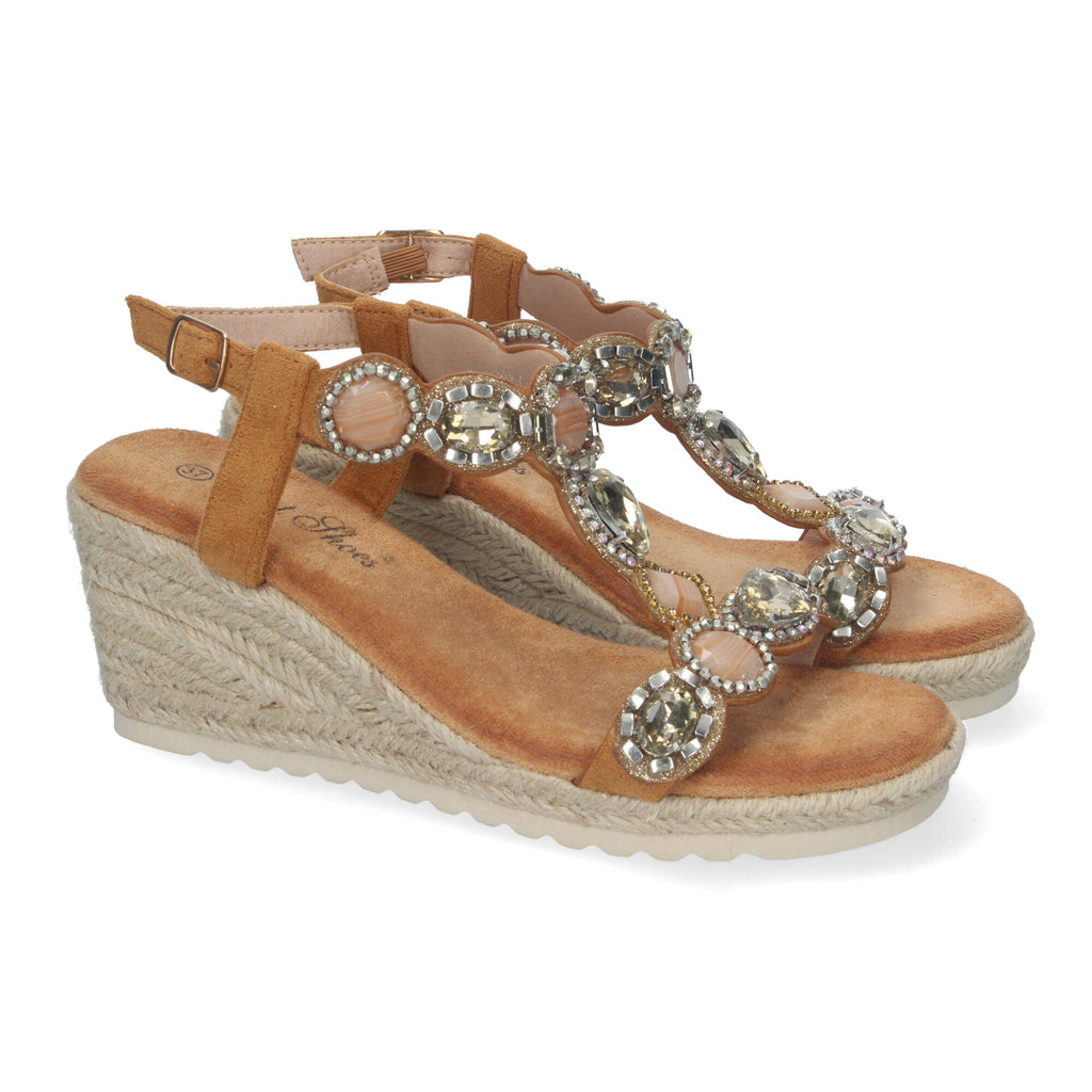 Sandalias de Cuña de Yute para Mujer, Elegantes y Cómodas con Pedrería y Hebilla Ajustable
