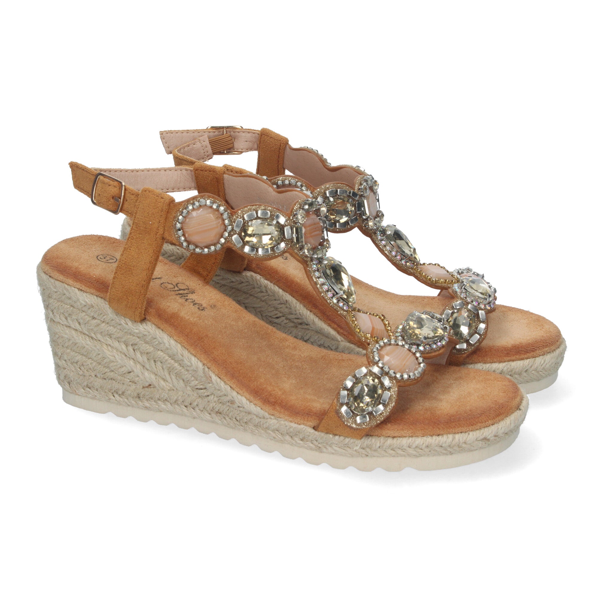 Sandalias de Cuña de Yute para Mujer, Elegantes y Cómodas con Pedrería y Hebilla Ajustable
