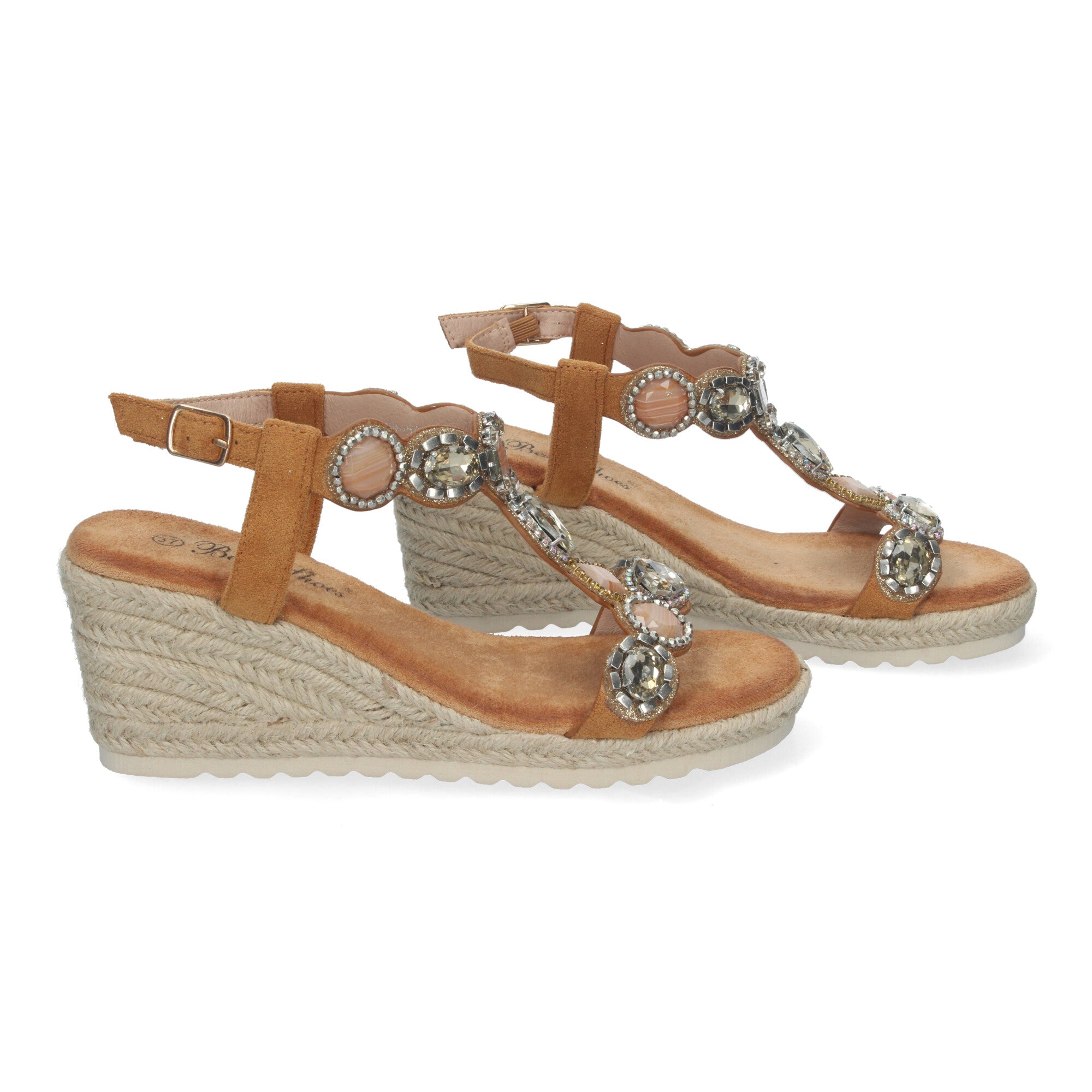Sandalias de Cuña de Yute para Mujer, Elegantes y Cómodas con Pedrería y Hebilla Ajustable
