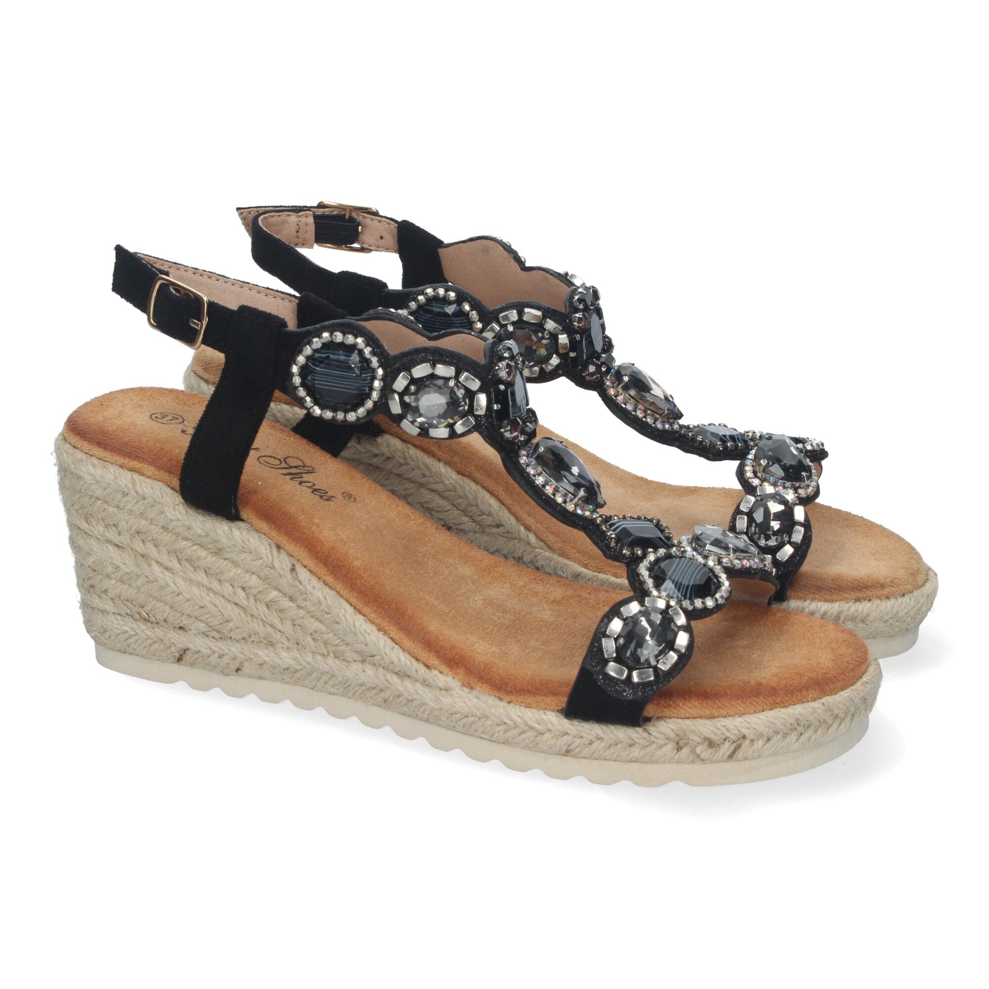 Sandalias de Cuña de Yute para Mujer, Elegantes y Cómodas con Adornos de Pedrería y Hebilla Ajustable