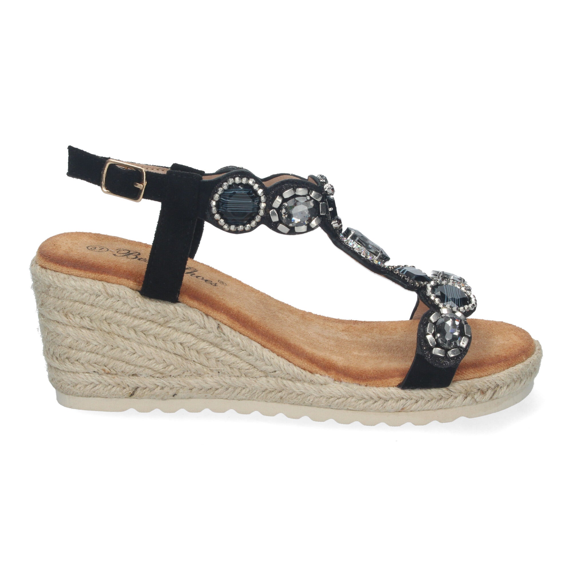 Sandalias de Cuña de Yute para Mujer, Elegantes y Cómodas con Adornos de Pedrería y Hebilla Ajustable